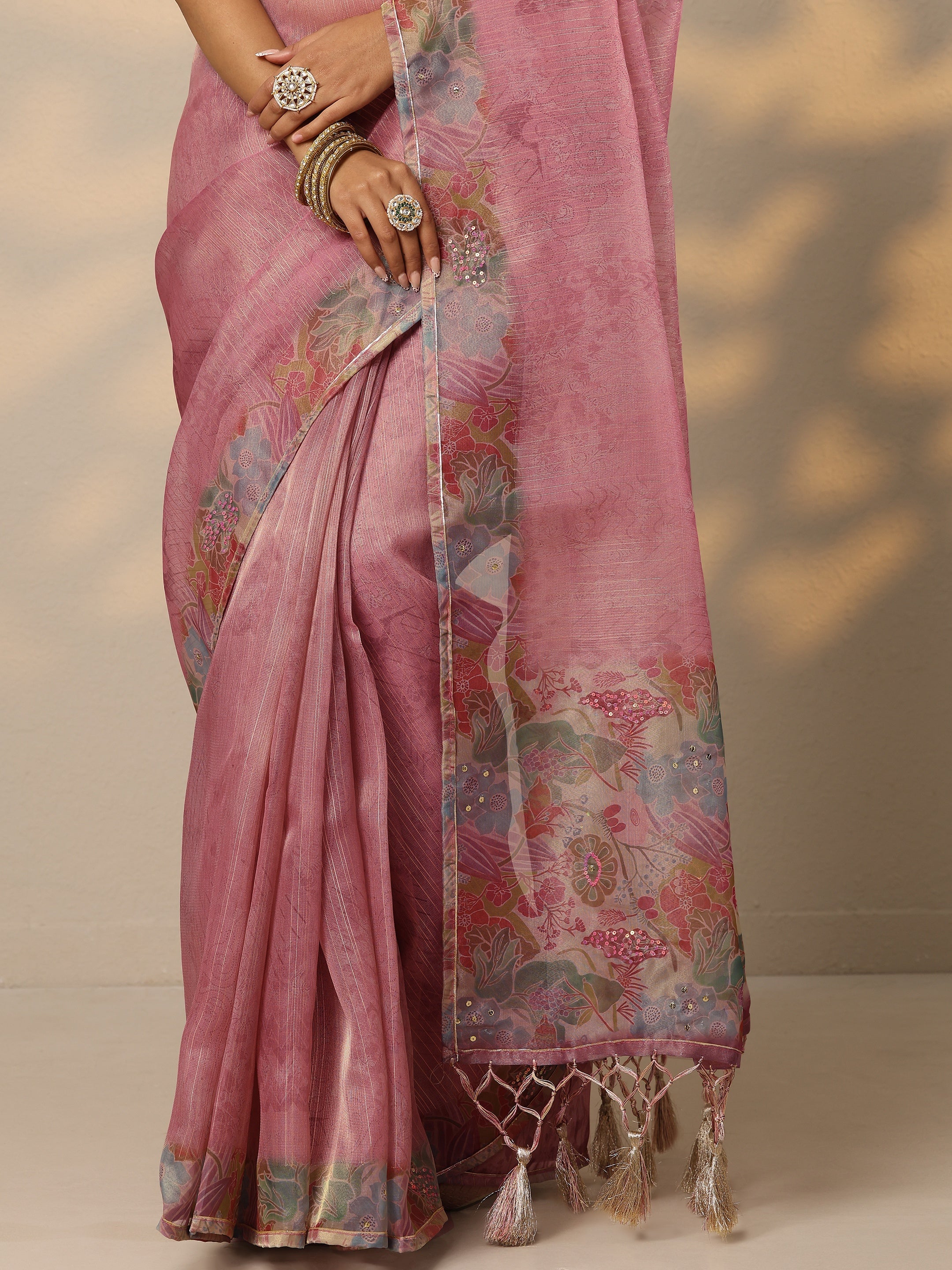 Mauve Embellished Nylon Saree With Unstitched Blouse Piece
