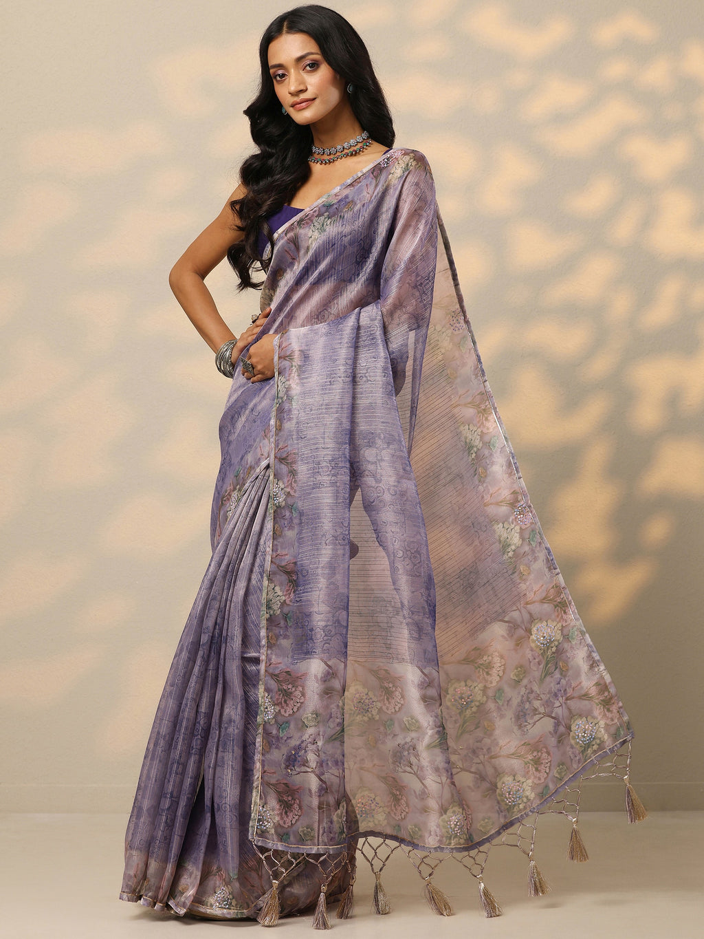 Lavender Embellished Nylon Saree With Unstitched Blouse Piece