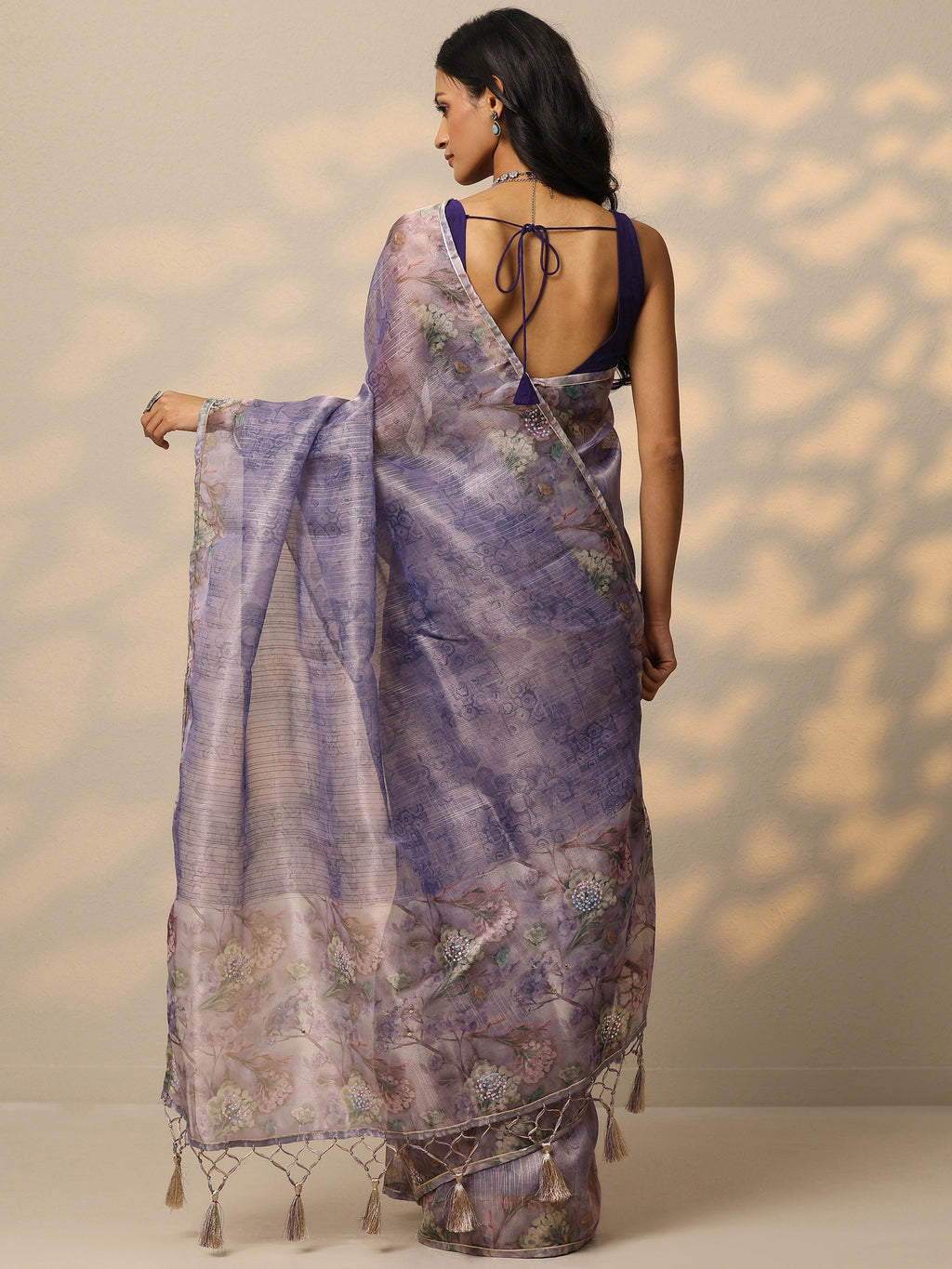 Lavender Embellished Nylon Saree With Unstitched Blouse Piece