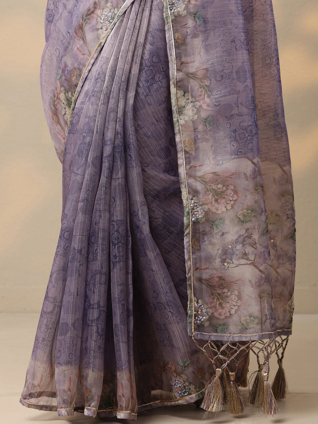 Lavender Embellished Nylon Saree With Unstitched Blouse Piece