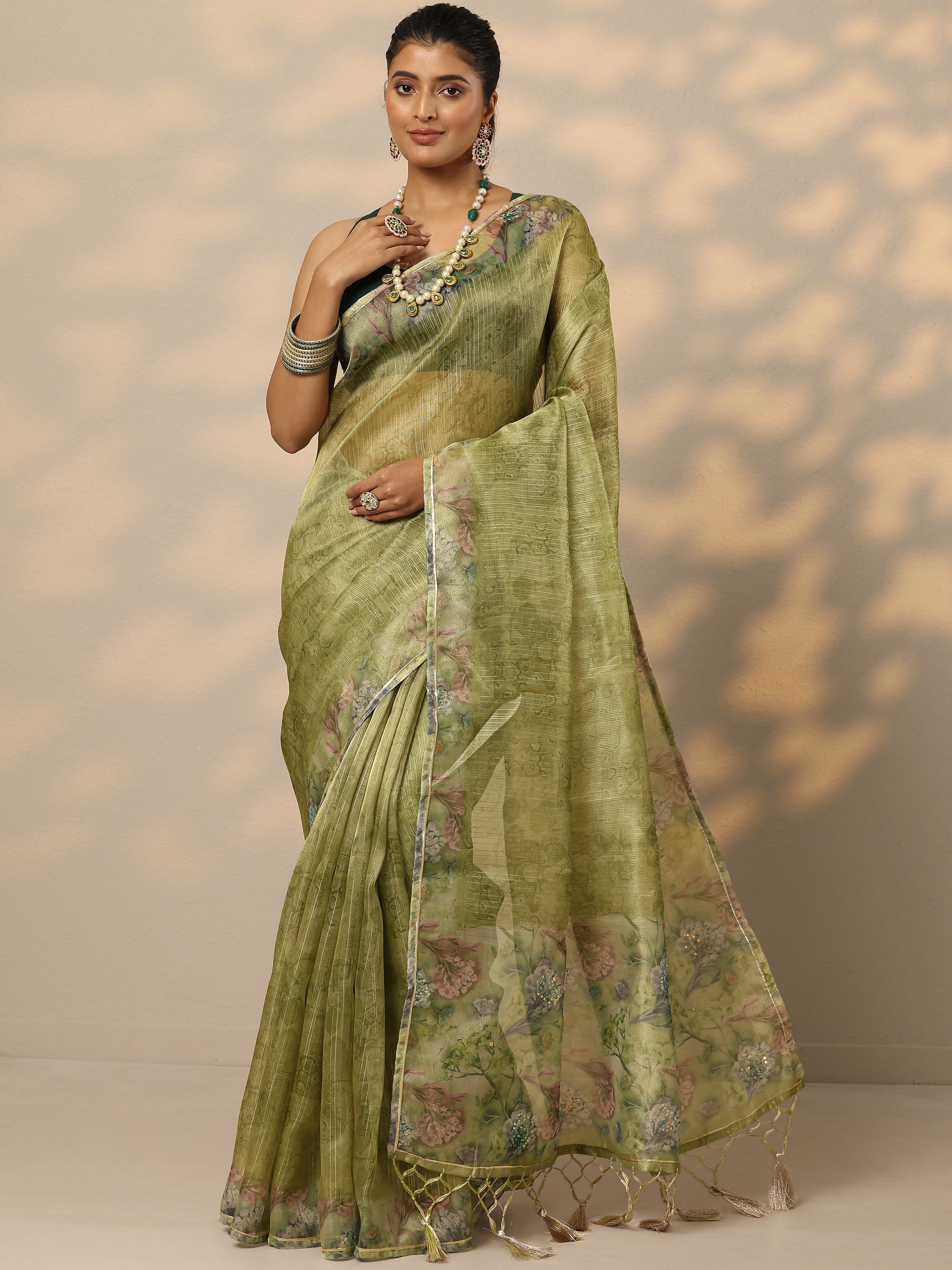 Green Embellished Nylon Saree With Unstitched Blouse Piece