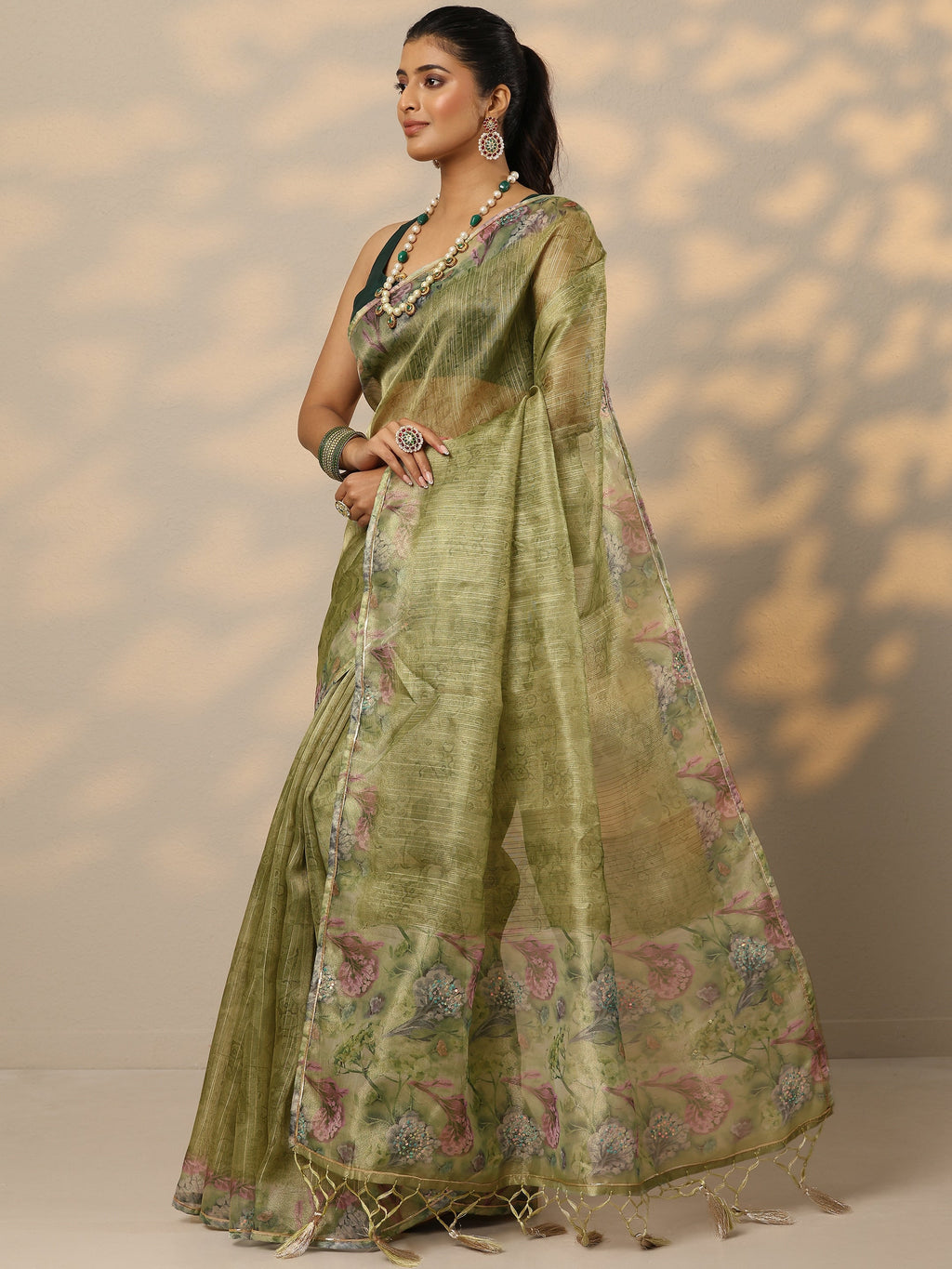Green Embellished Nylon Saree With Unstitched Blouse Piece