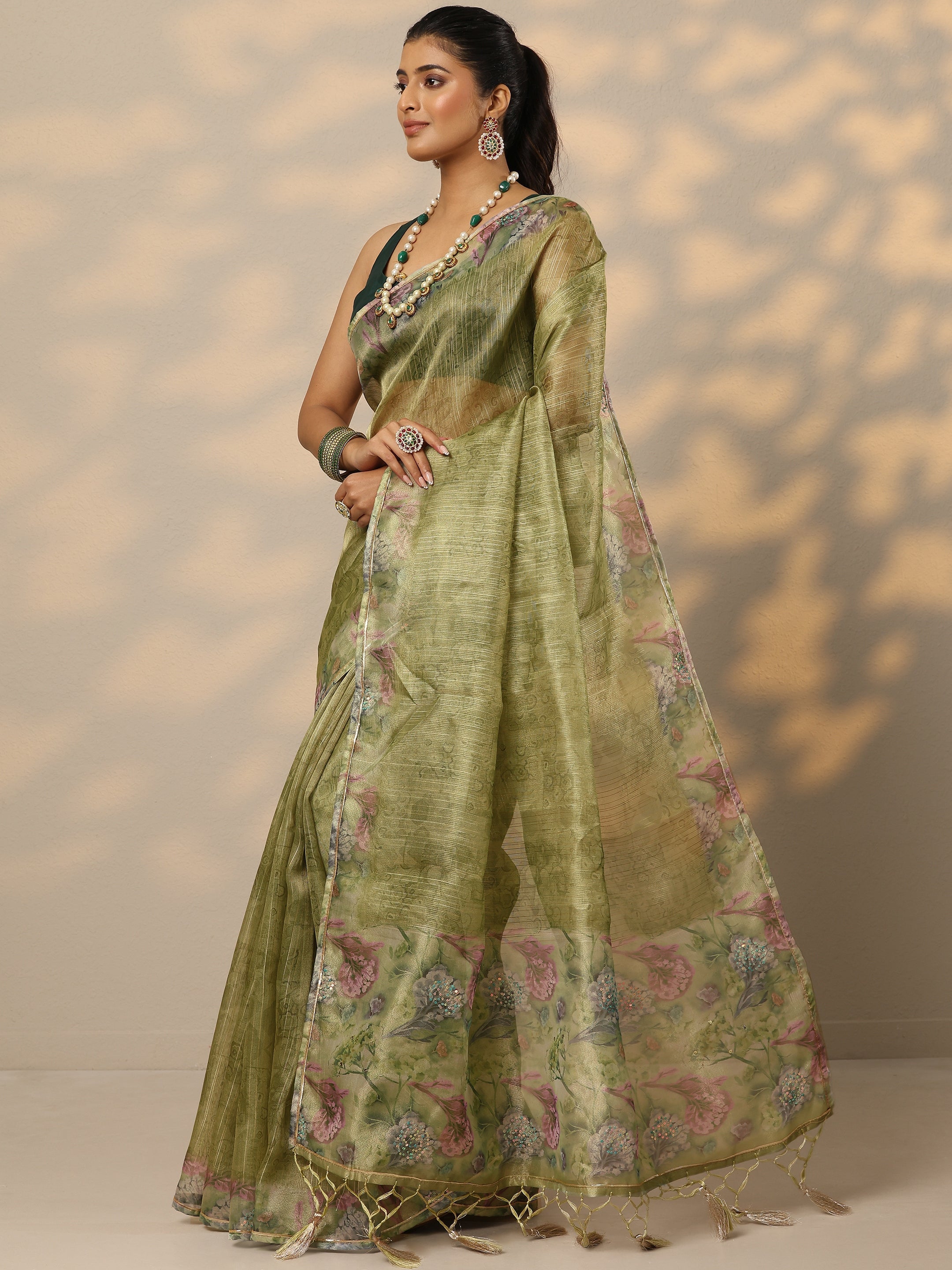 Green Embellished Nylon Saree With Unstitched Blouse Piece