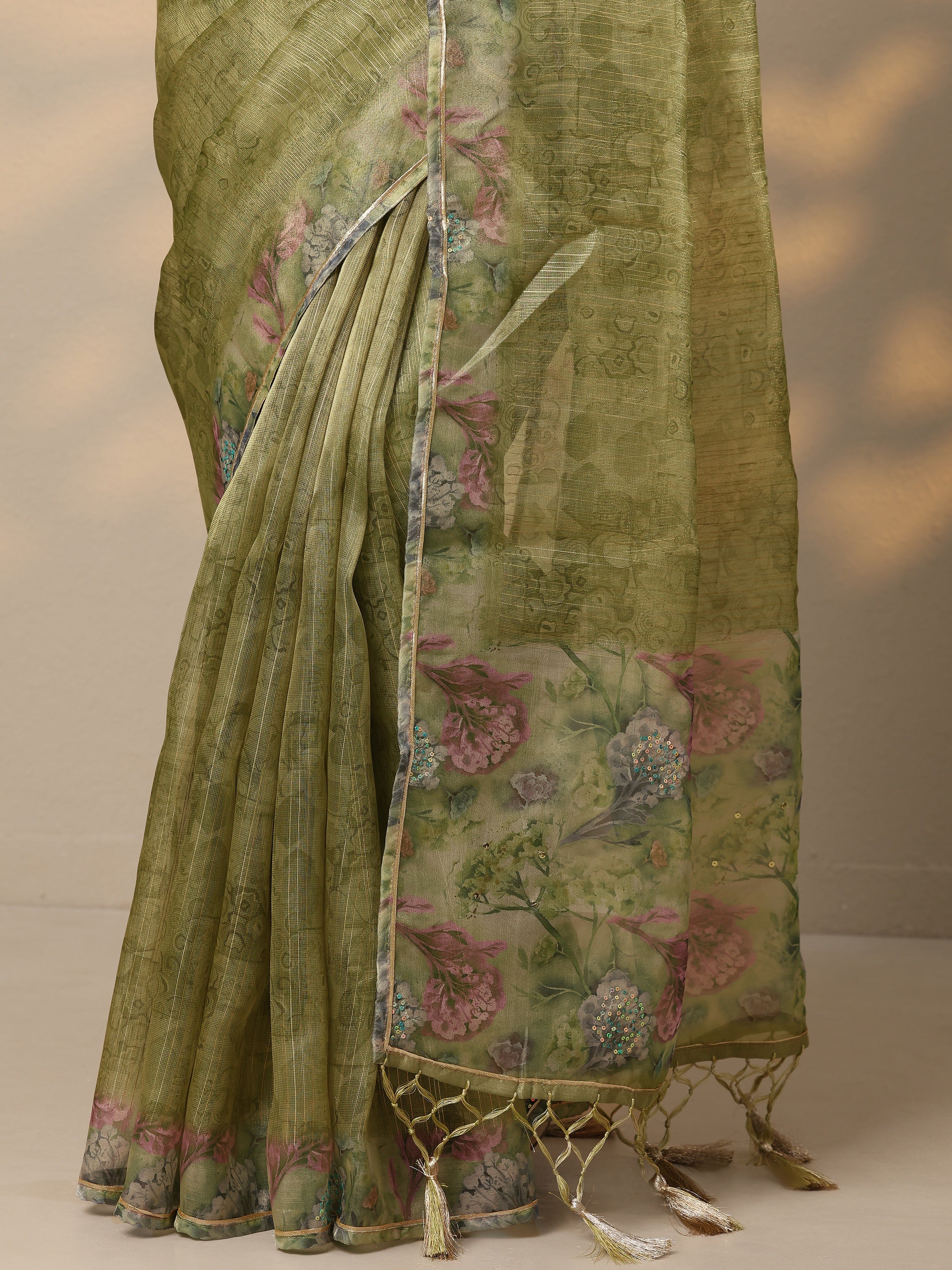 Green Embellished Nylon Saree With Unstitched Blouse Piece