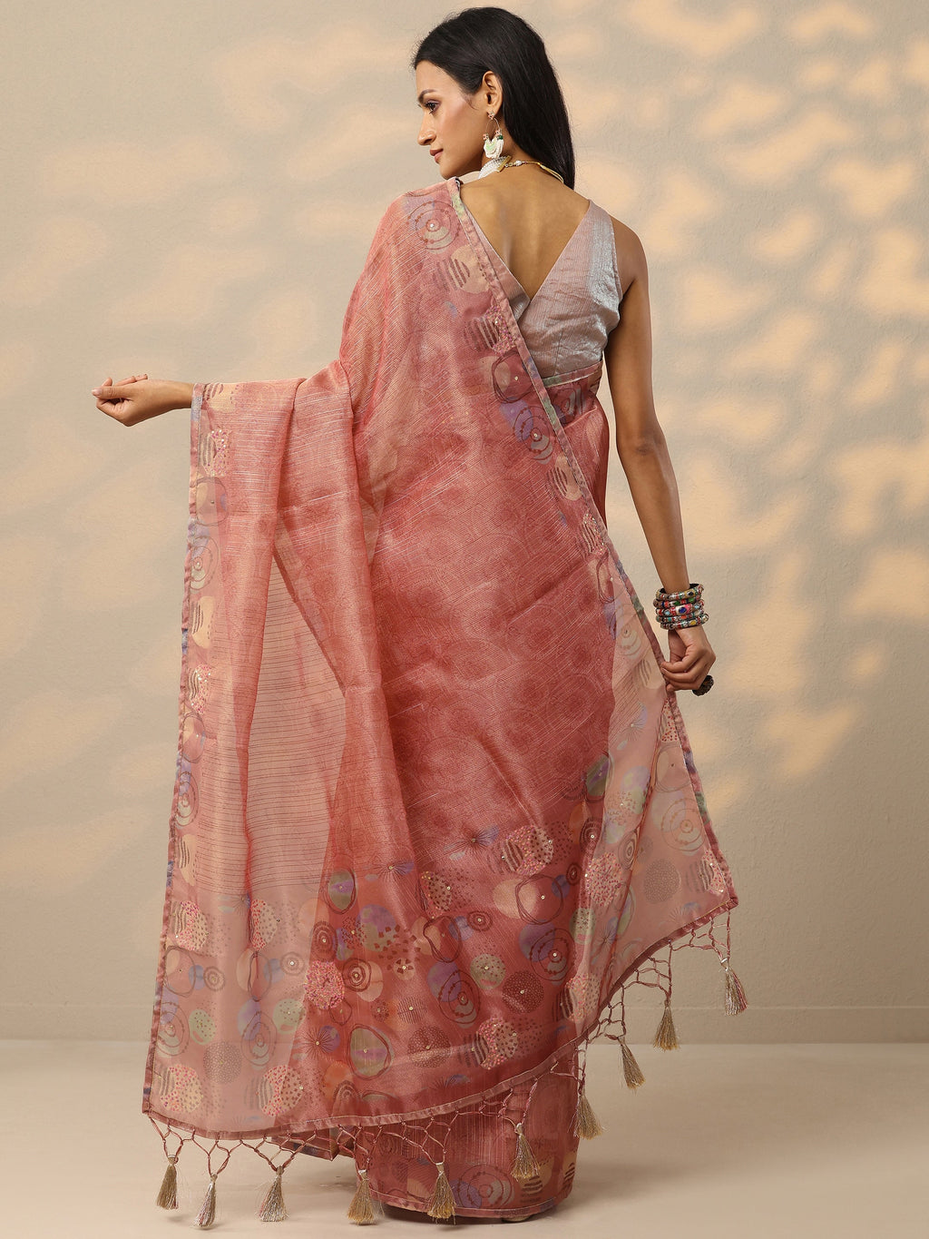 Pink Embellished Nylon Saree With Unstitched Blouse Piece