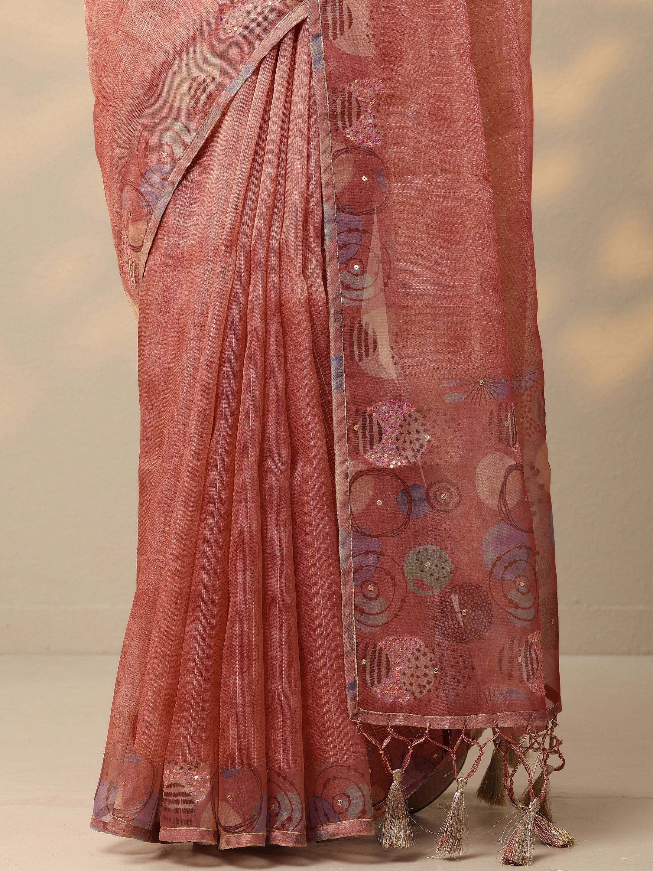 Pink Embellished Nylon Saree With Unstitched Blouse Piece