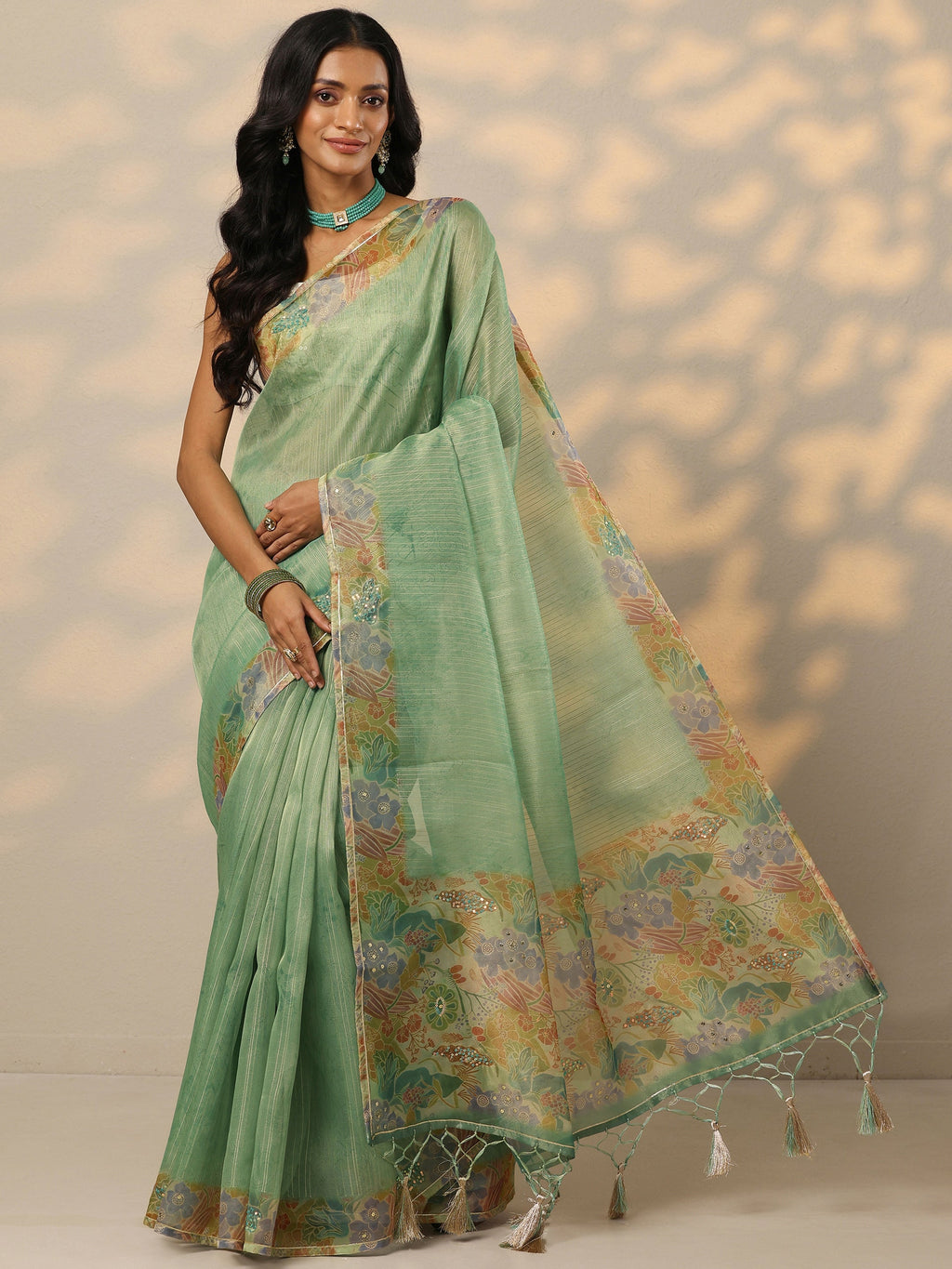 Green Embellished Nylon Saree With Unstitched Blouse Piece