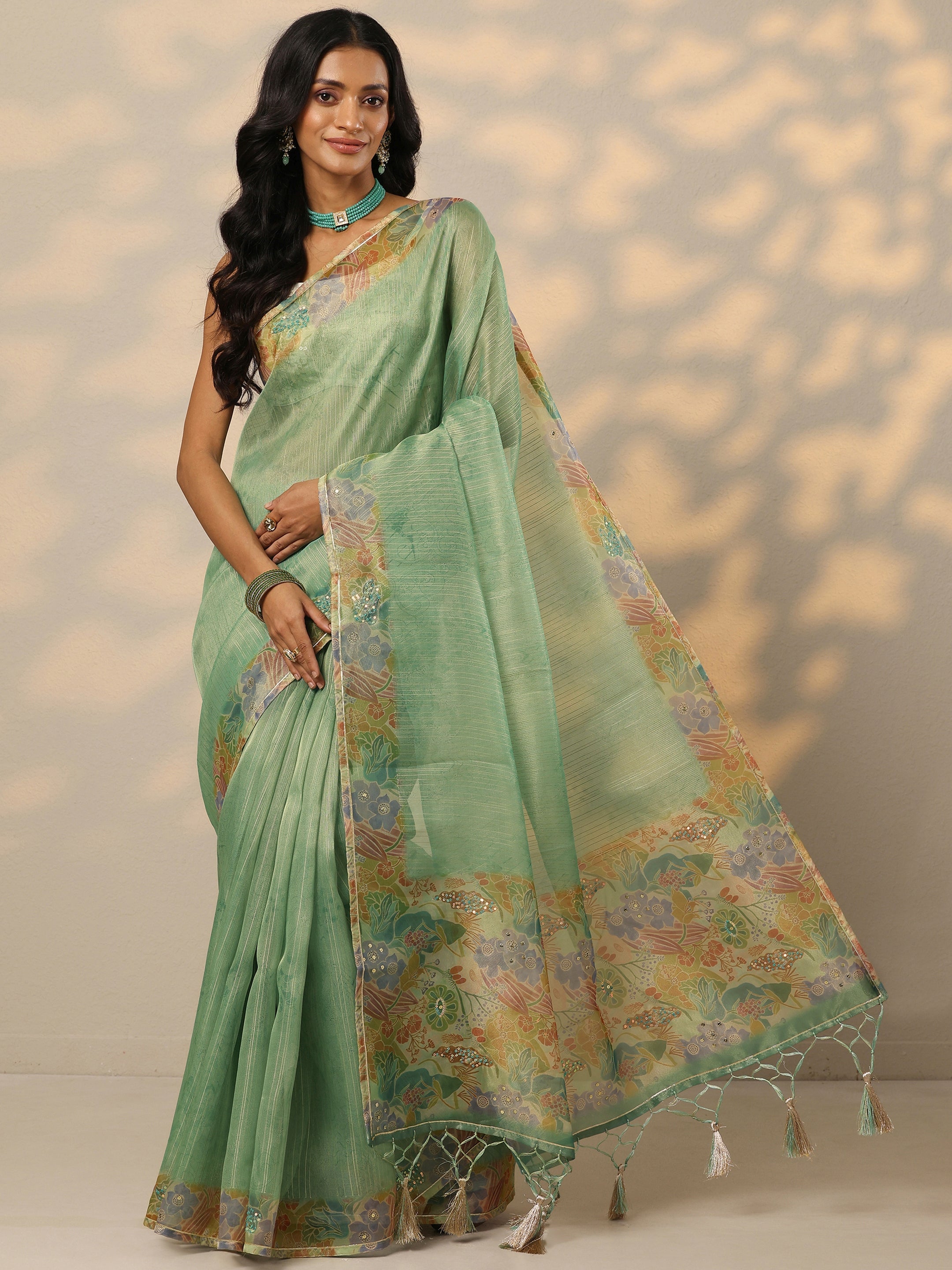 Green Embellished Nylon Saree With Unstitched Blouse Piece