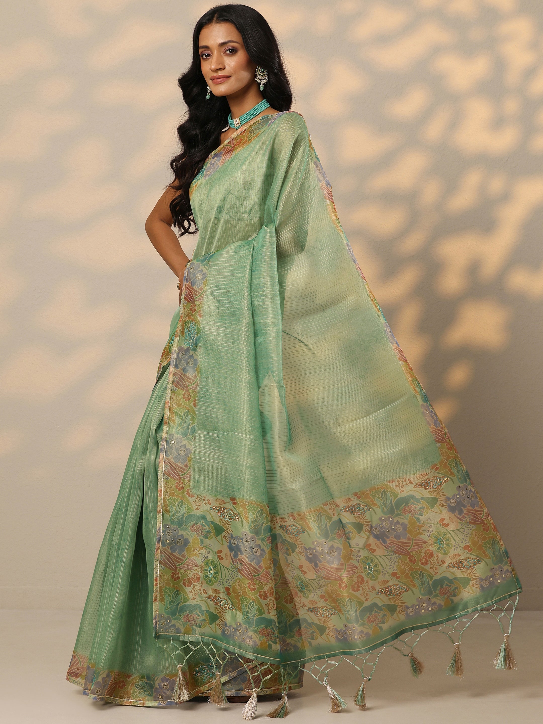 Green Embellished Nylon Saree With Unstitched Blouse Piece