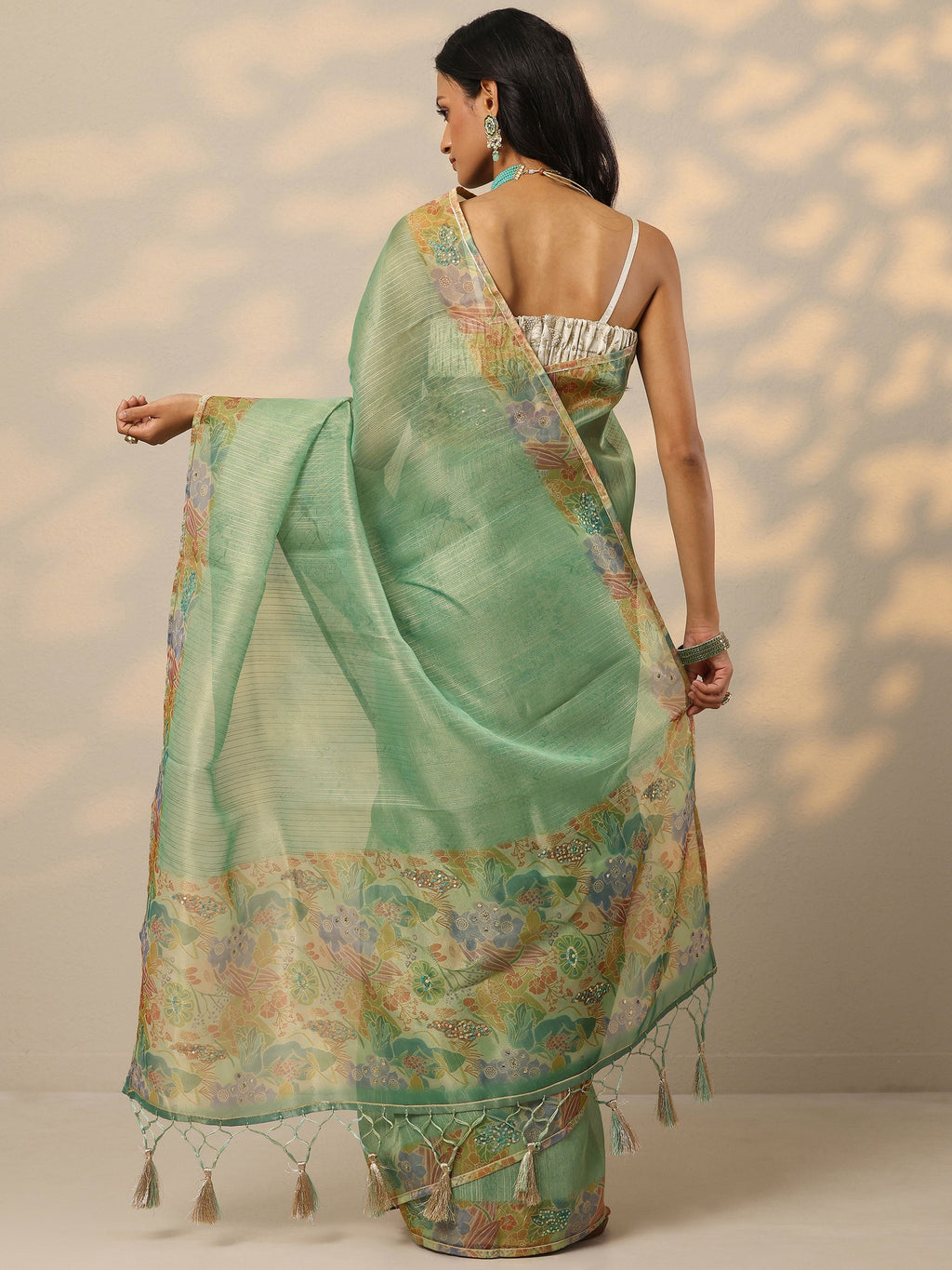 Green Embellished Nylon Saree With Unstitched Blouse Piece