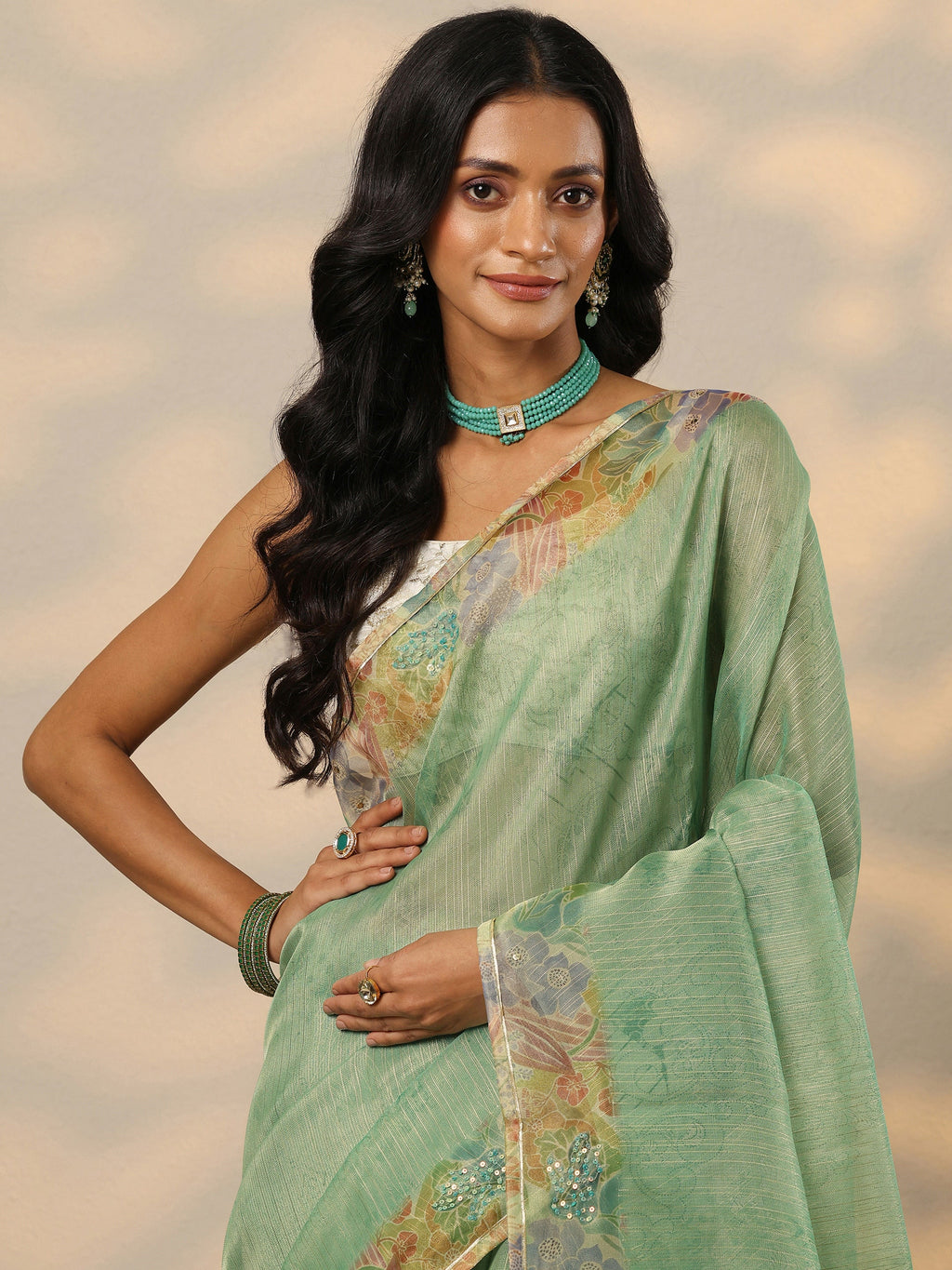 Green Embellished Nylon Saree With Unstitched Blouse Piece