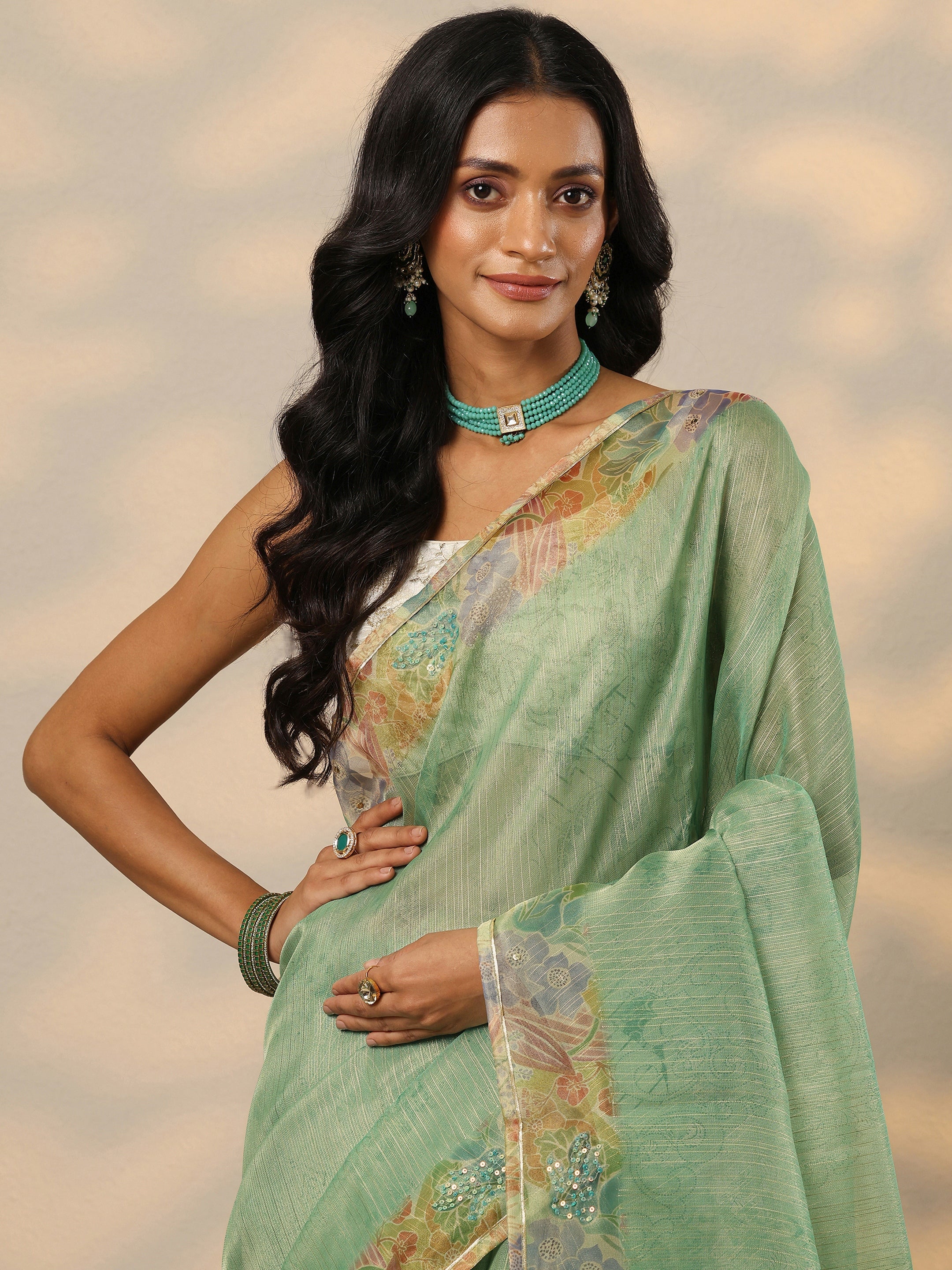 Green Embellished Nylon Saree With Unstitched Blouse Piece