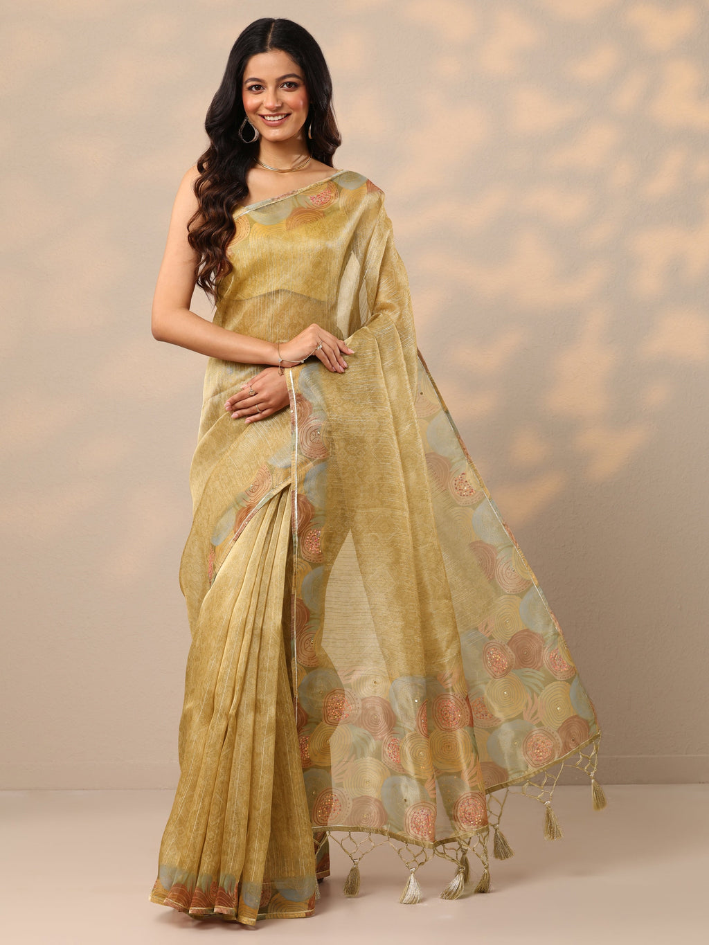 Gold Embellished Nylon Sarees With Unstitched Blouse Piece