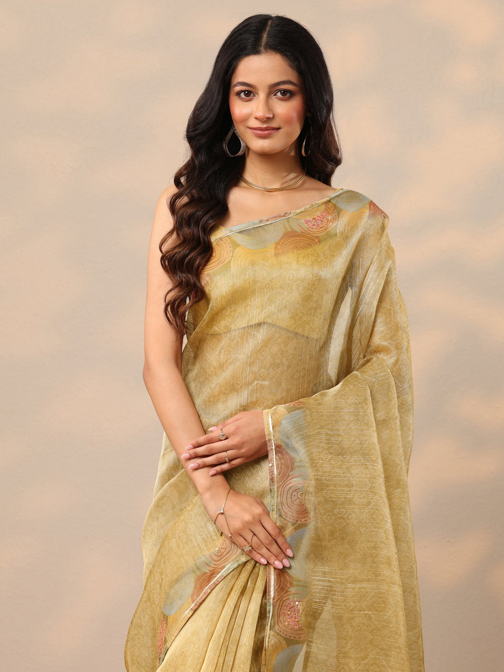 Gold Embellished Nylon Sarees With Unstitched Blouse Piece