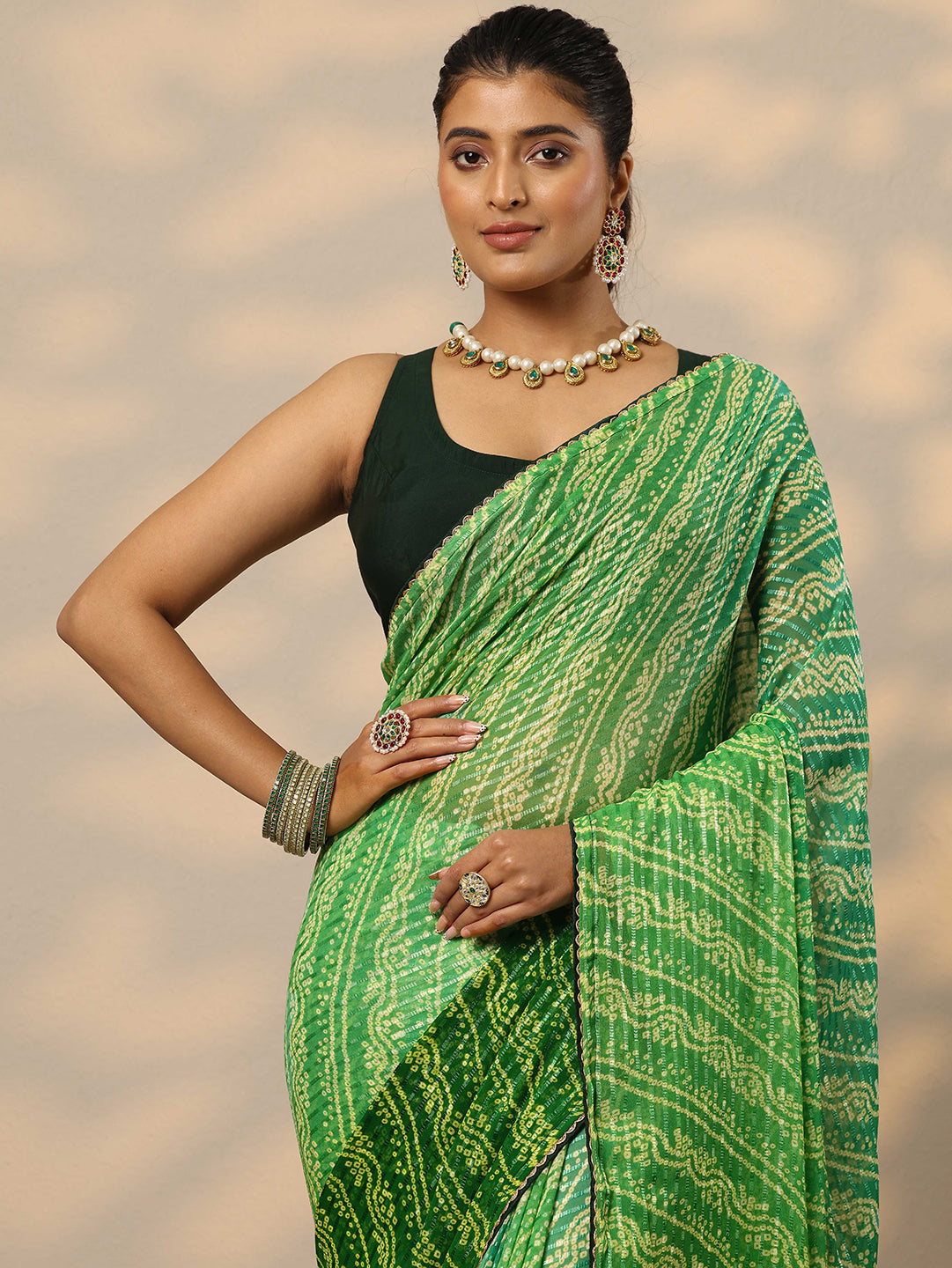 Green Bandhani Printed Chiffon Saree With Unstitched Blouse Piece
