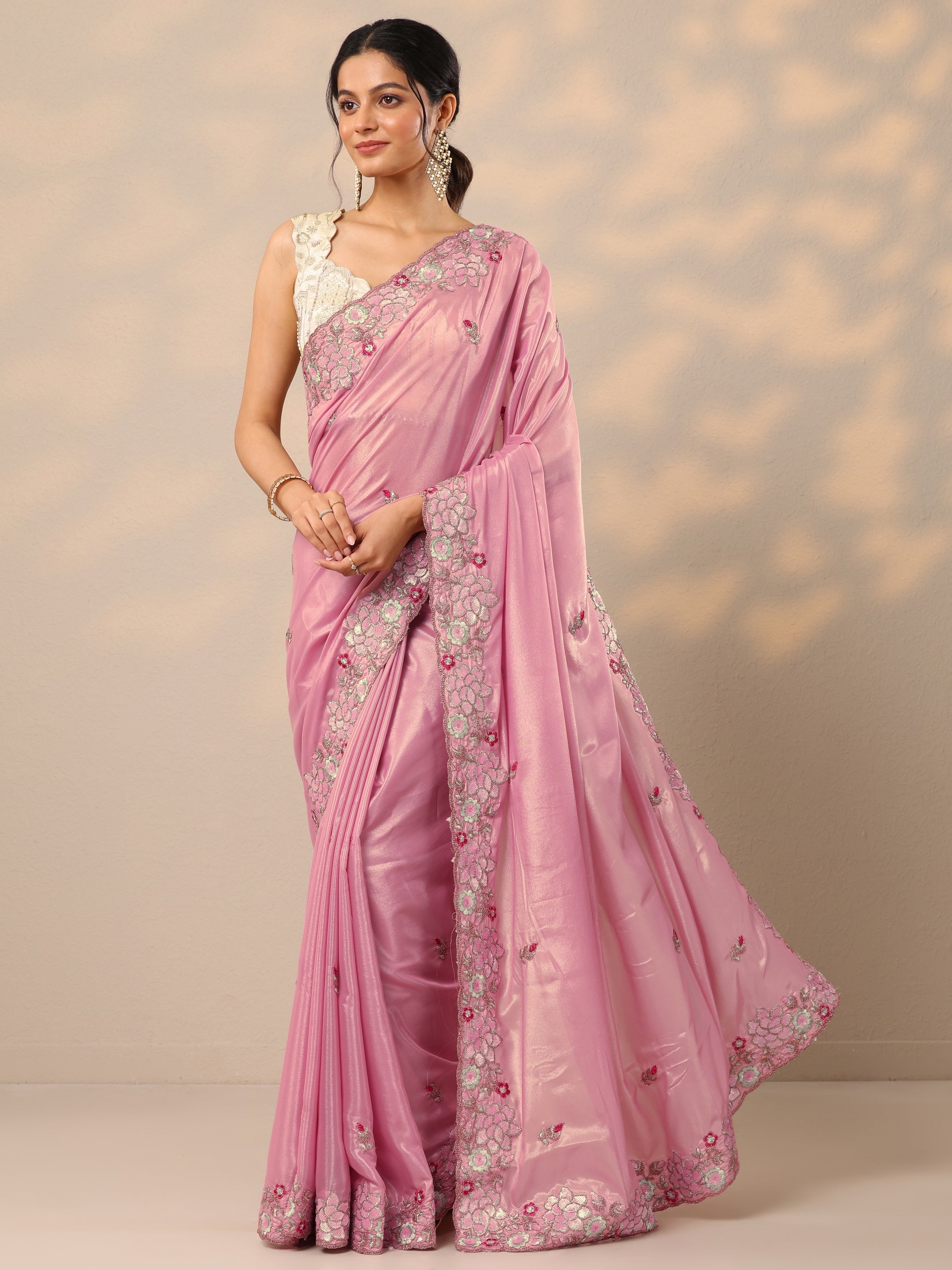 Pink Printed Georgette Sarees With Unstitched Blouse Piece