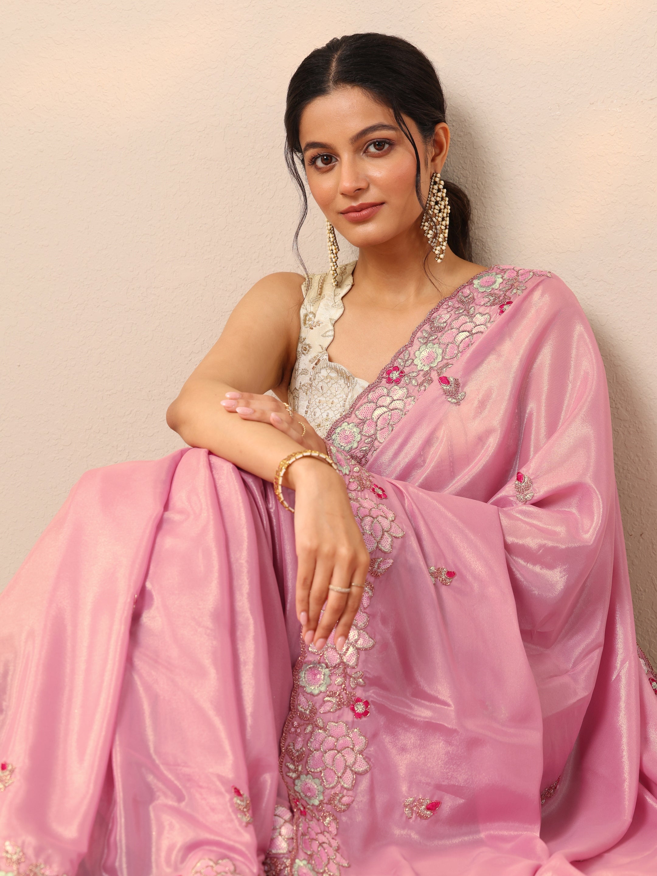 Pink Printed Georgette Sarees With Unstitched Blouse Piece