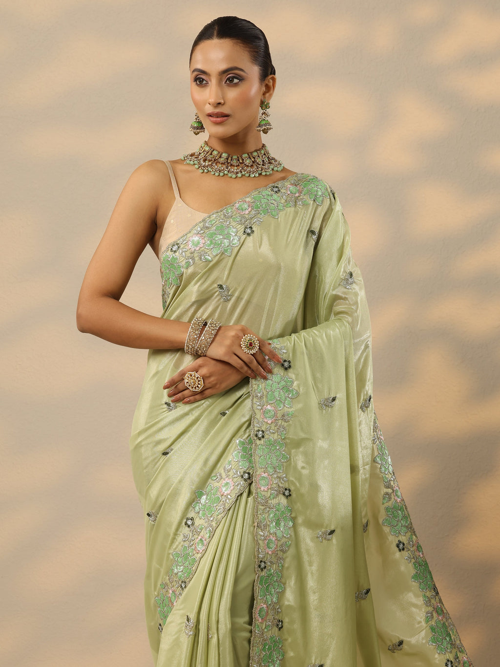 Green Embellished Georgette Saree With Unstitched Blouse Piece