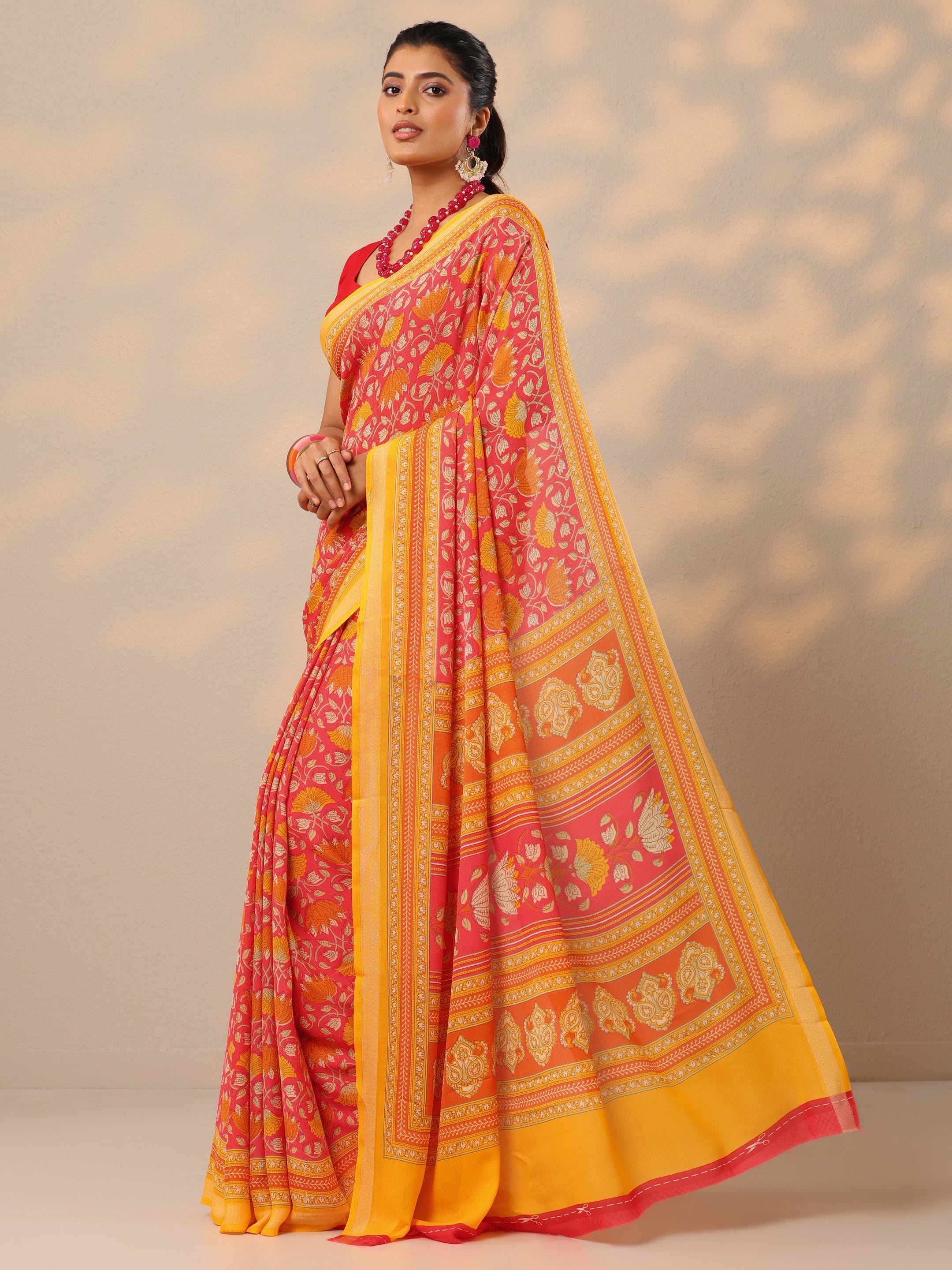 Coral Printed Georgette Sarees With Unstitched Blouse Piece