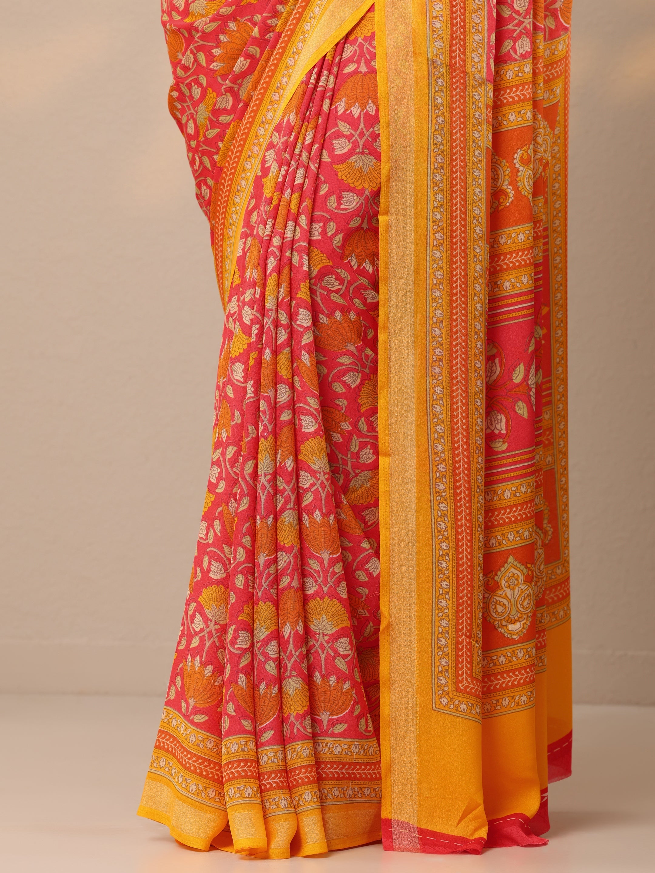 Coral Printed Georgette Sarees With Unstitched Blouse Piece