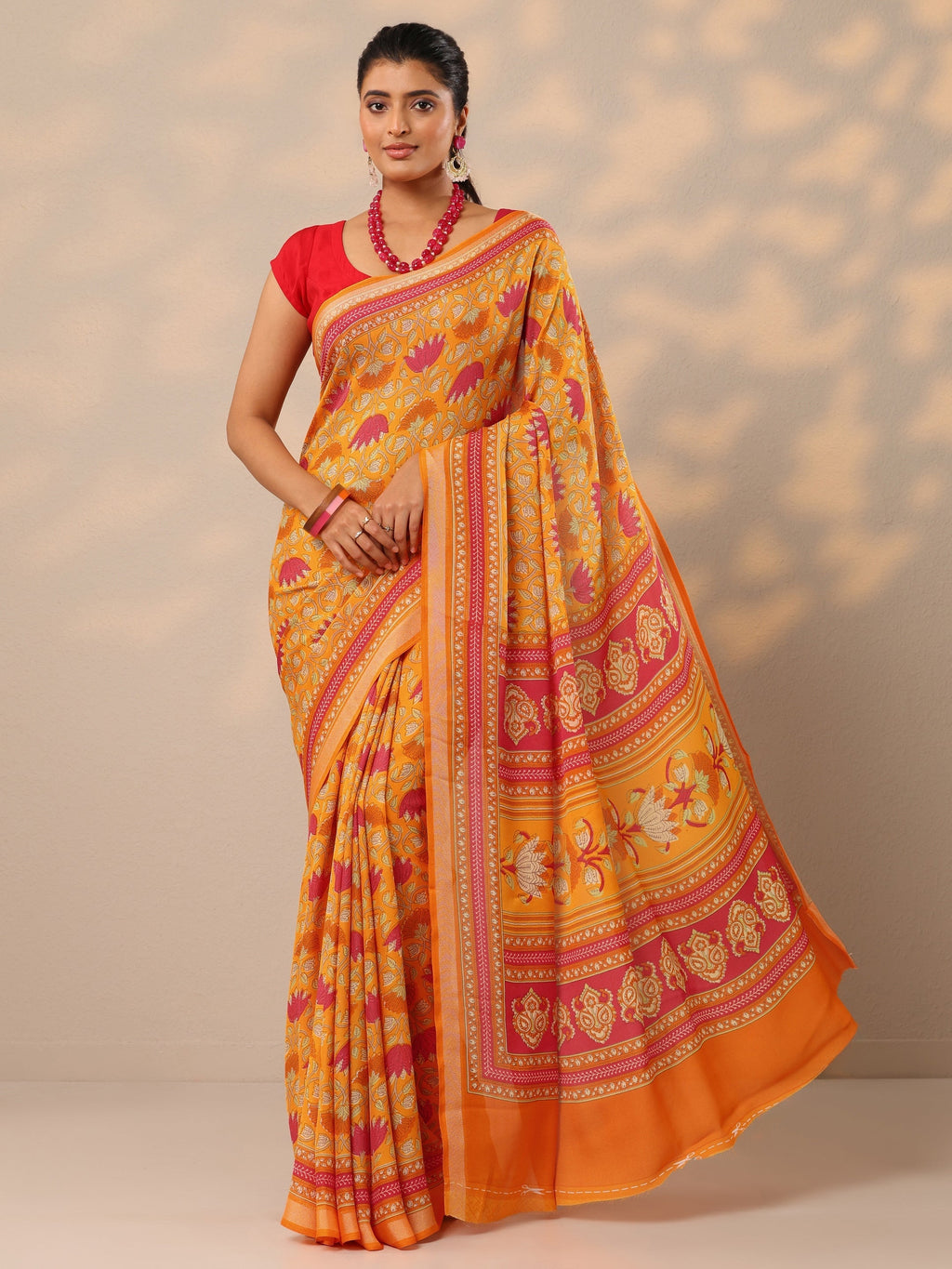 Mustard Printed Georgette Sarees With Unstitched Blouse Piece