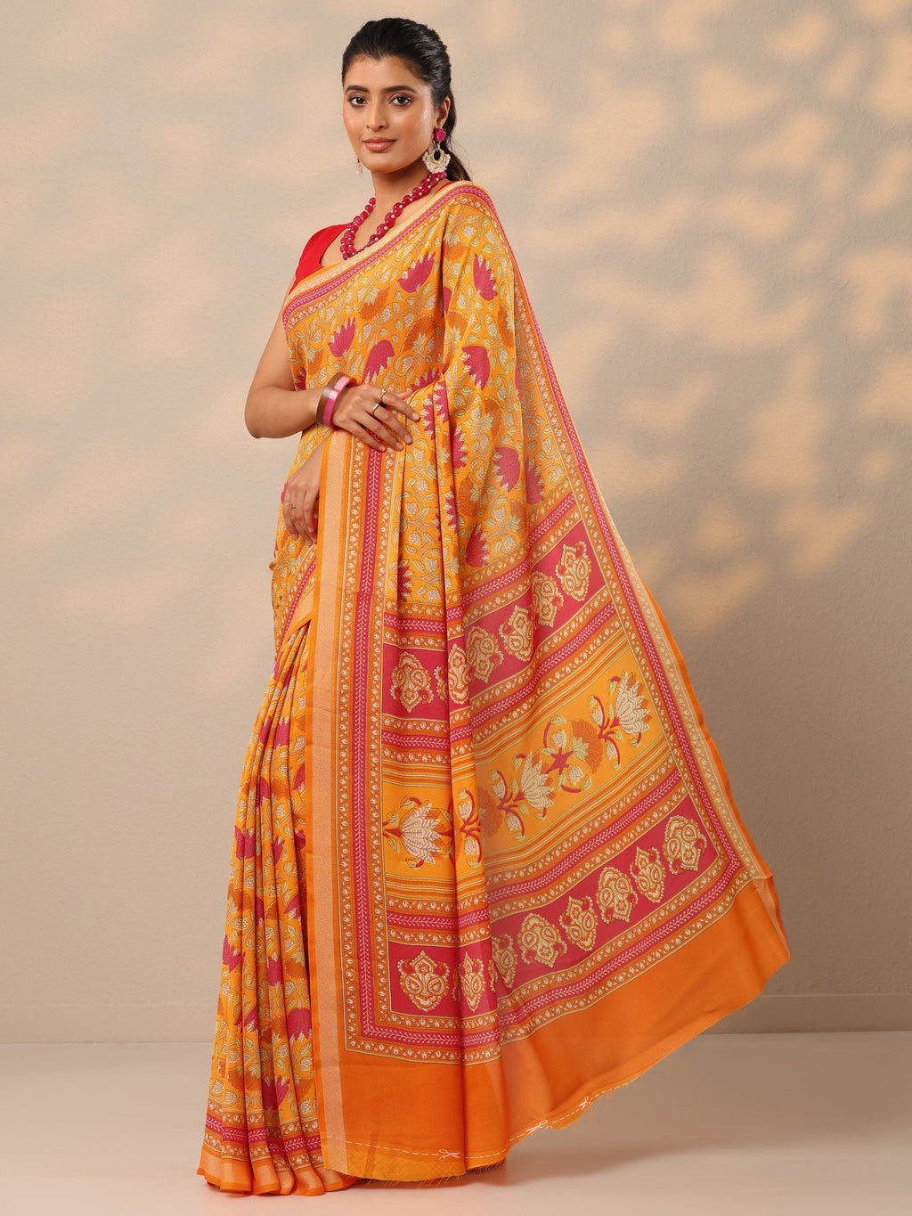 Mustard Printed Georgette Sarees With Unstitched Blouse Piece