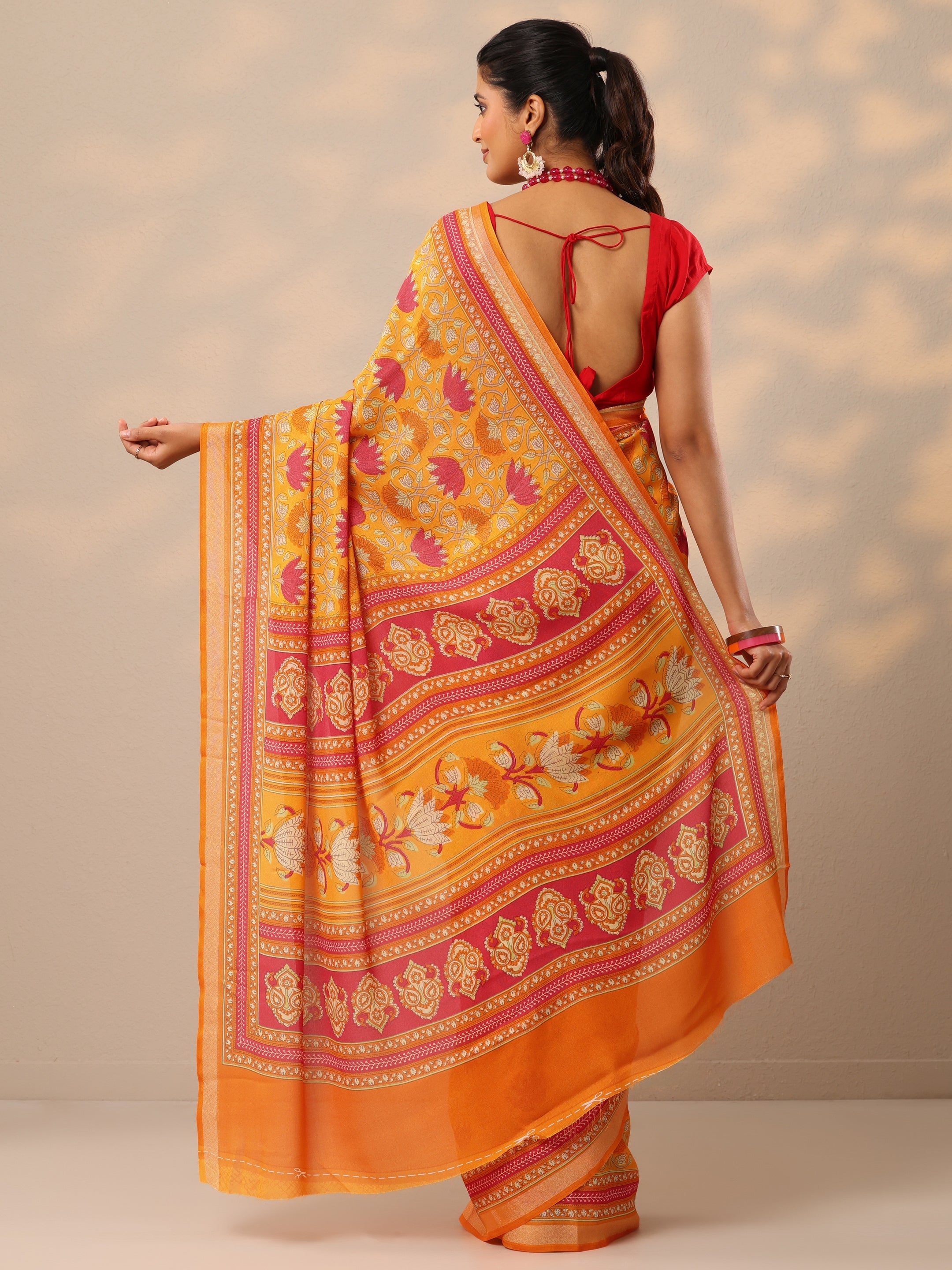 Mustard Printed Georgette Sarees With Unstitched Blouse Piece