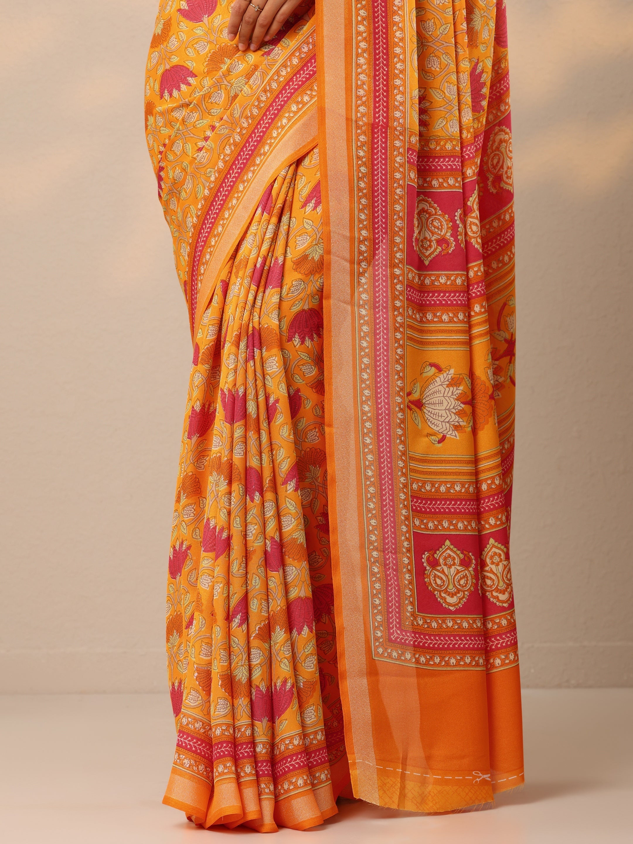 Mustard Printed Georgette Sarees With Unstitched Blouse Piece