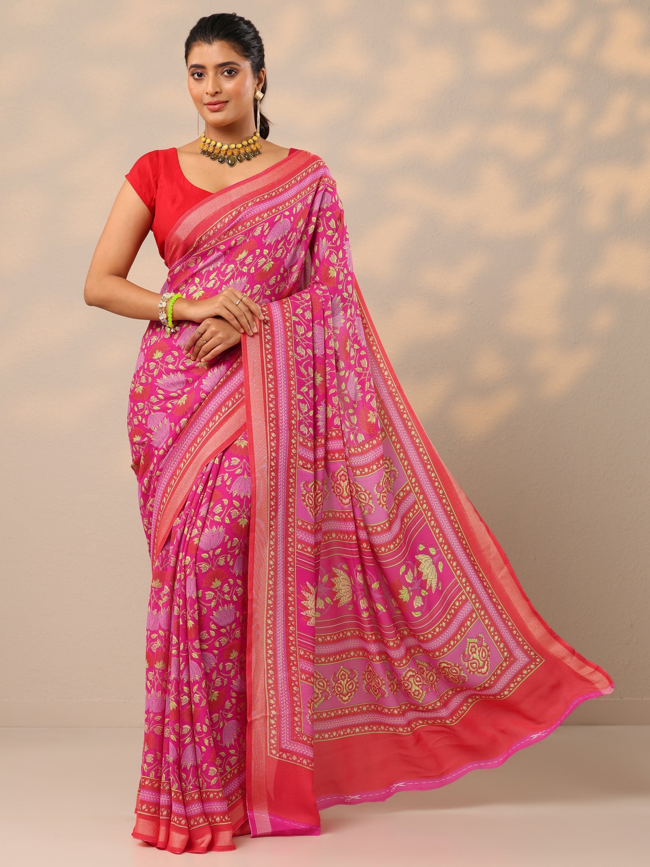 Pink Printed Georgette Sarees With Unstitched Blouse Piece