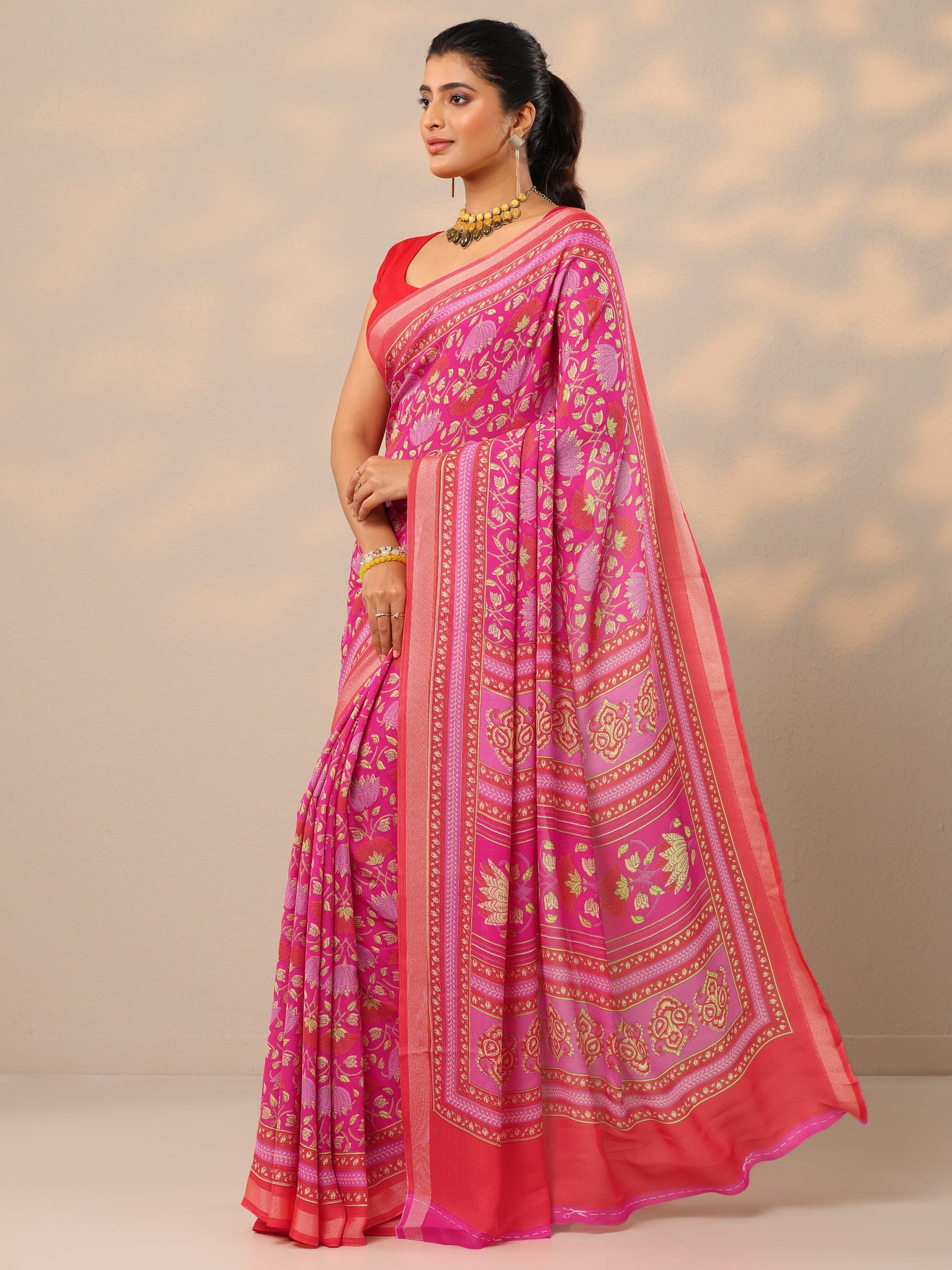 Pink Printed Georgette Sarees With Unstitched Blouse Piece