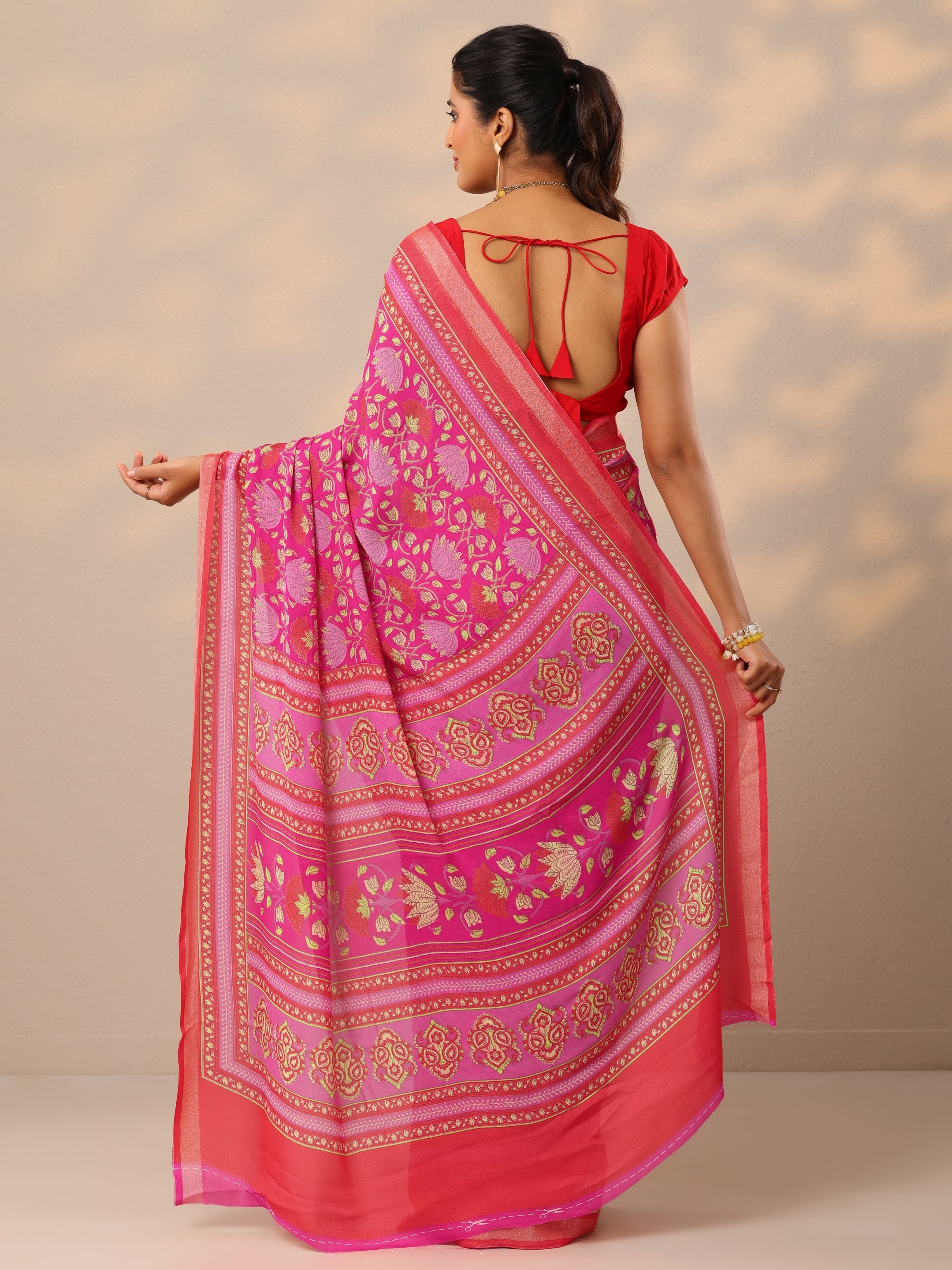 Pink Printed Georgette Sarees With Unstitched Blouse Piece