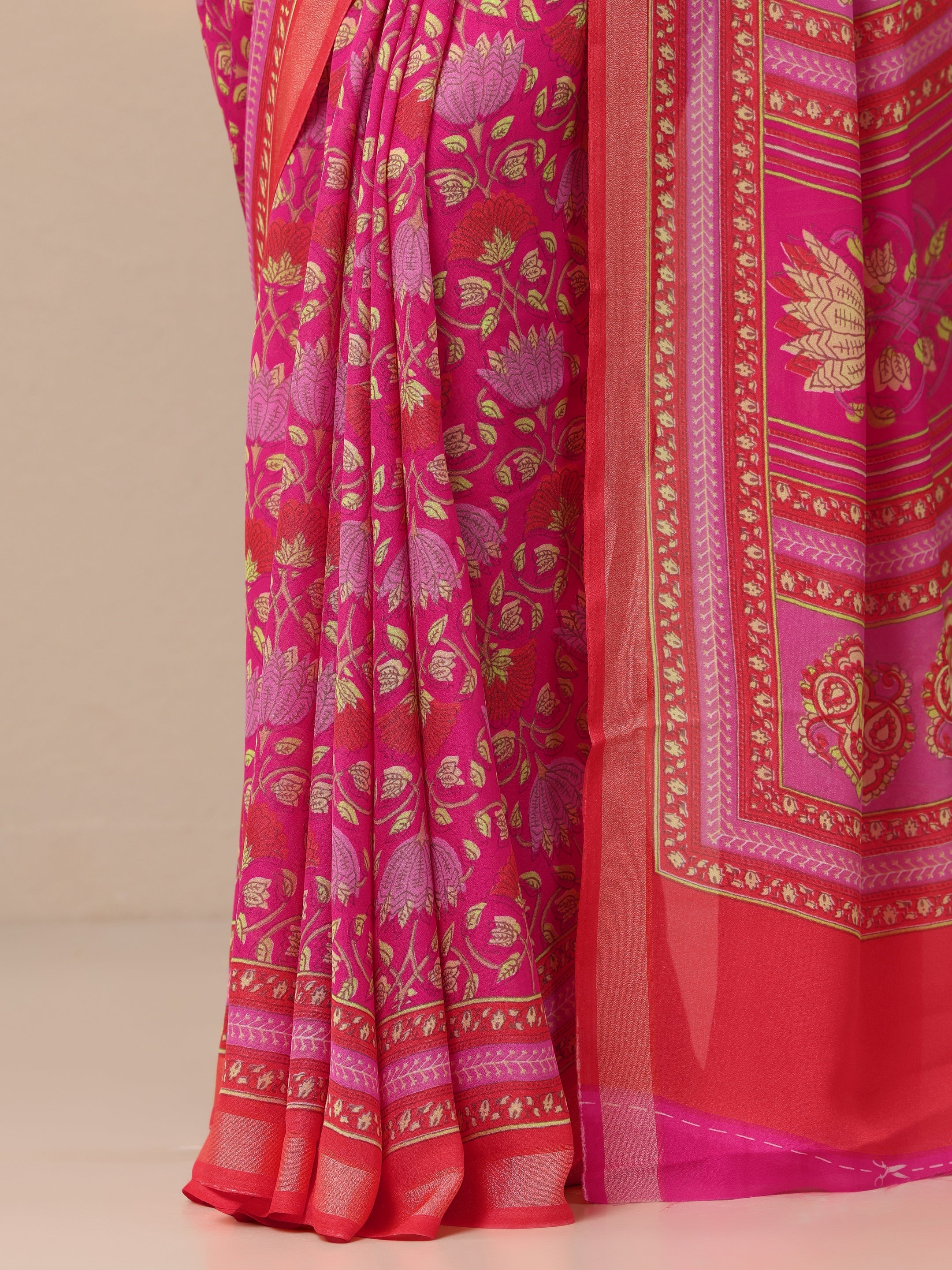 Pink Printed Georgette Sarees With Unstitched Blouse Piece