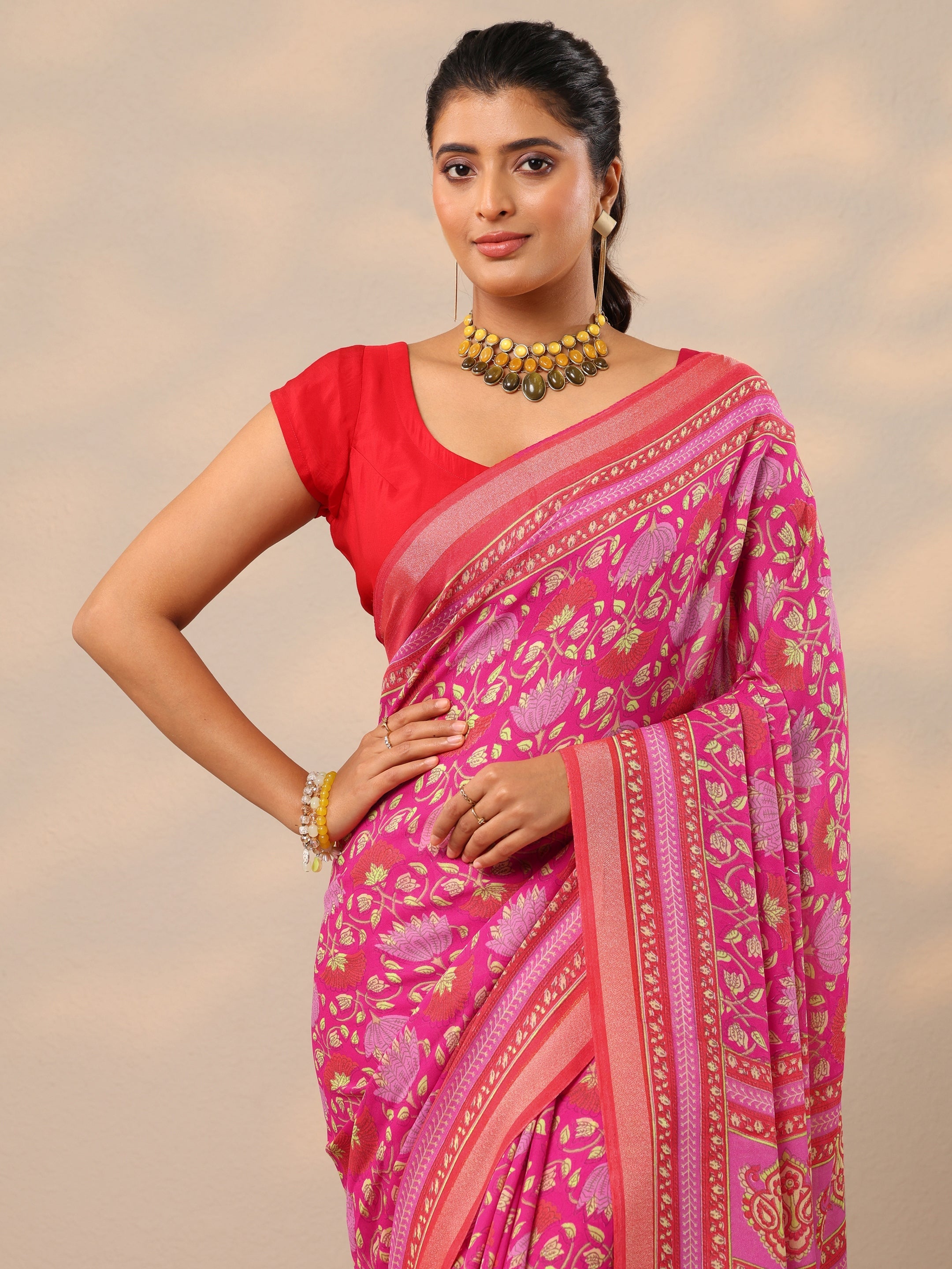 Pink Printed Georgette Sarees With Unstitched Blouse Piece