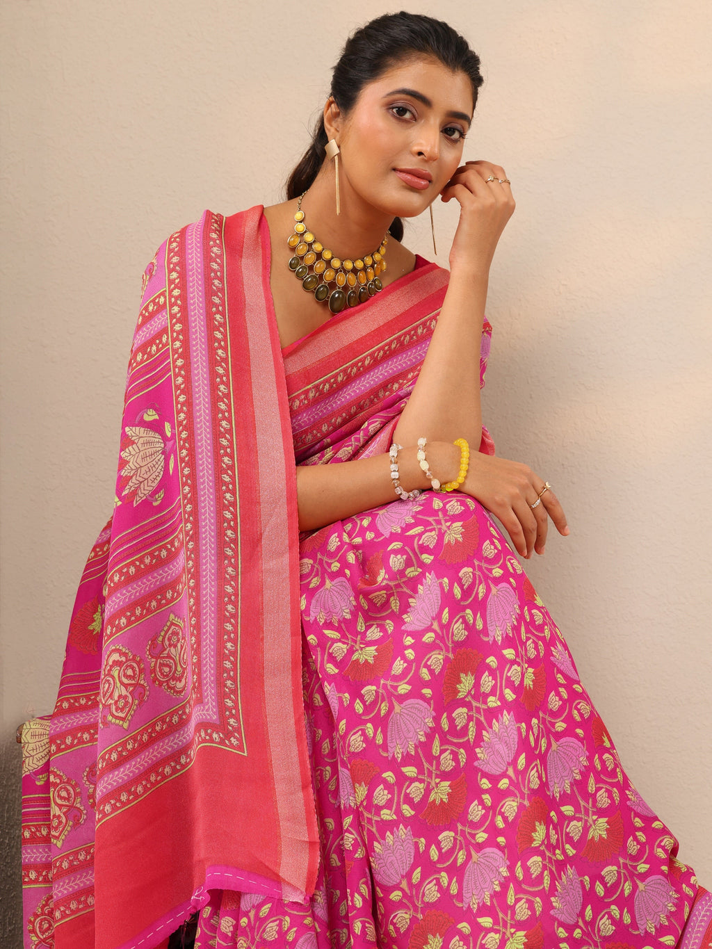 Pink Printed Georgette Sarees With Unstitched Blouse Piece