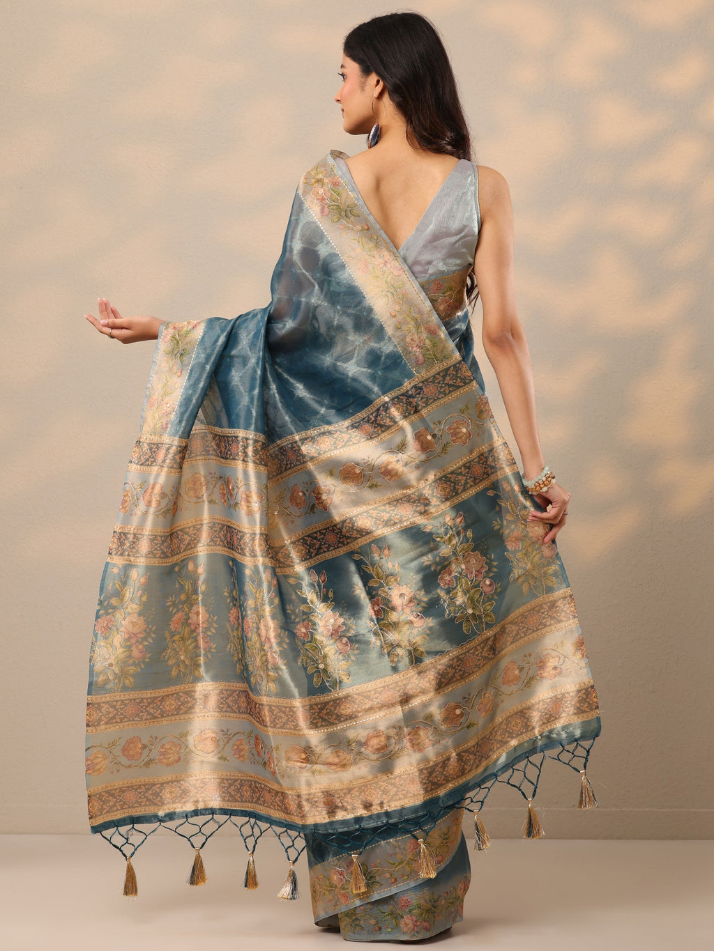 Blue Printed Nylon Sarees With Unstitched Blouse Piece