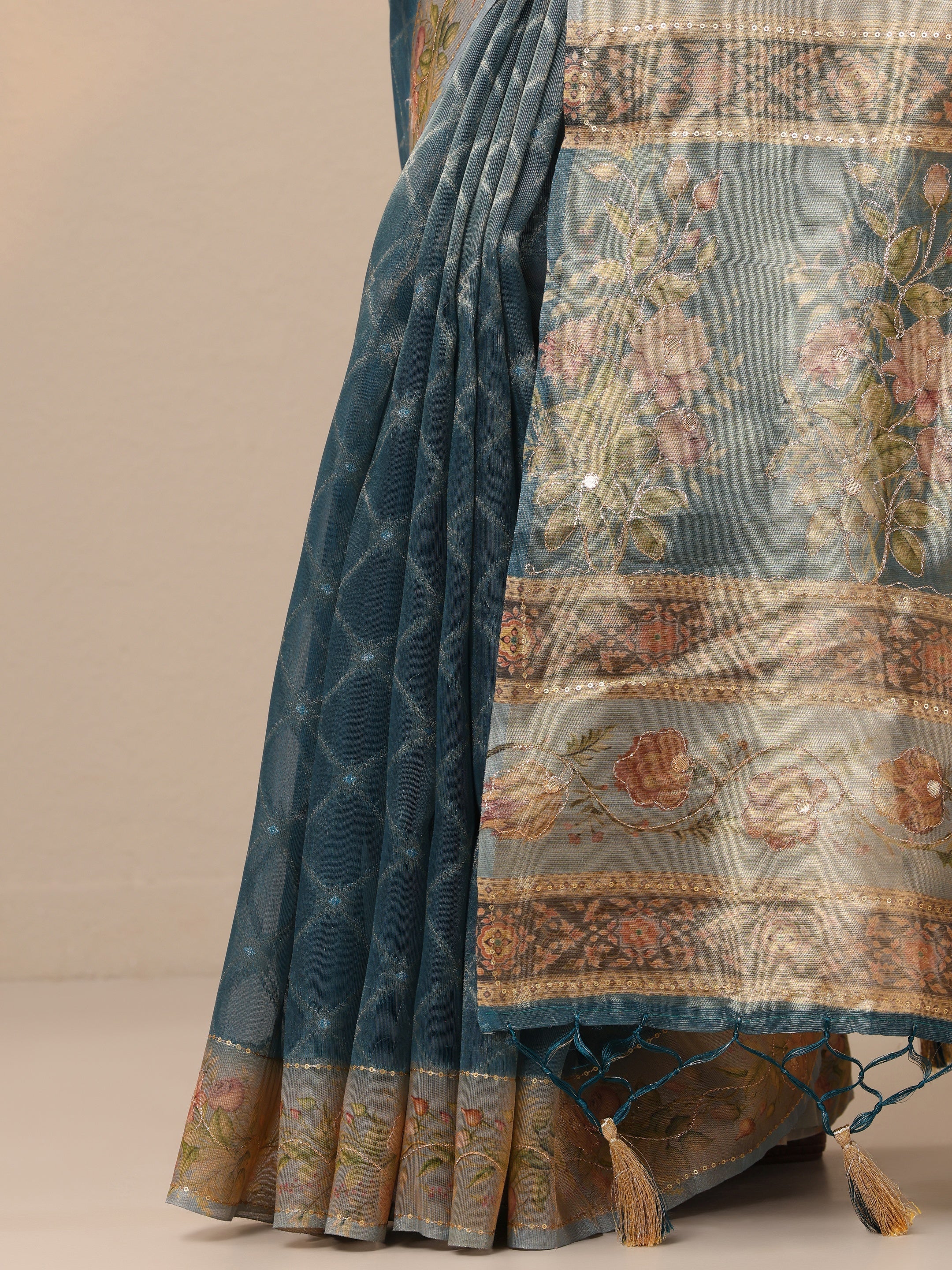 Blue Printed Nylon Sarees With Unstitched Blouse Piece