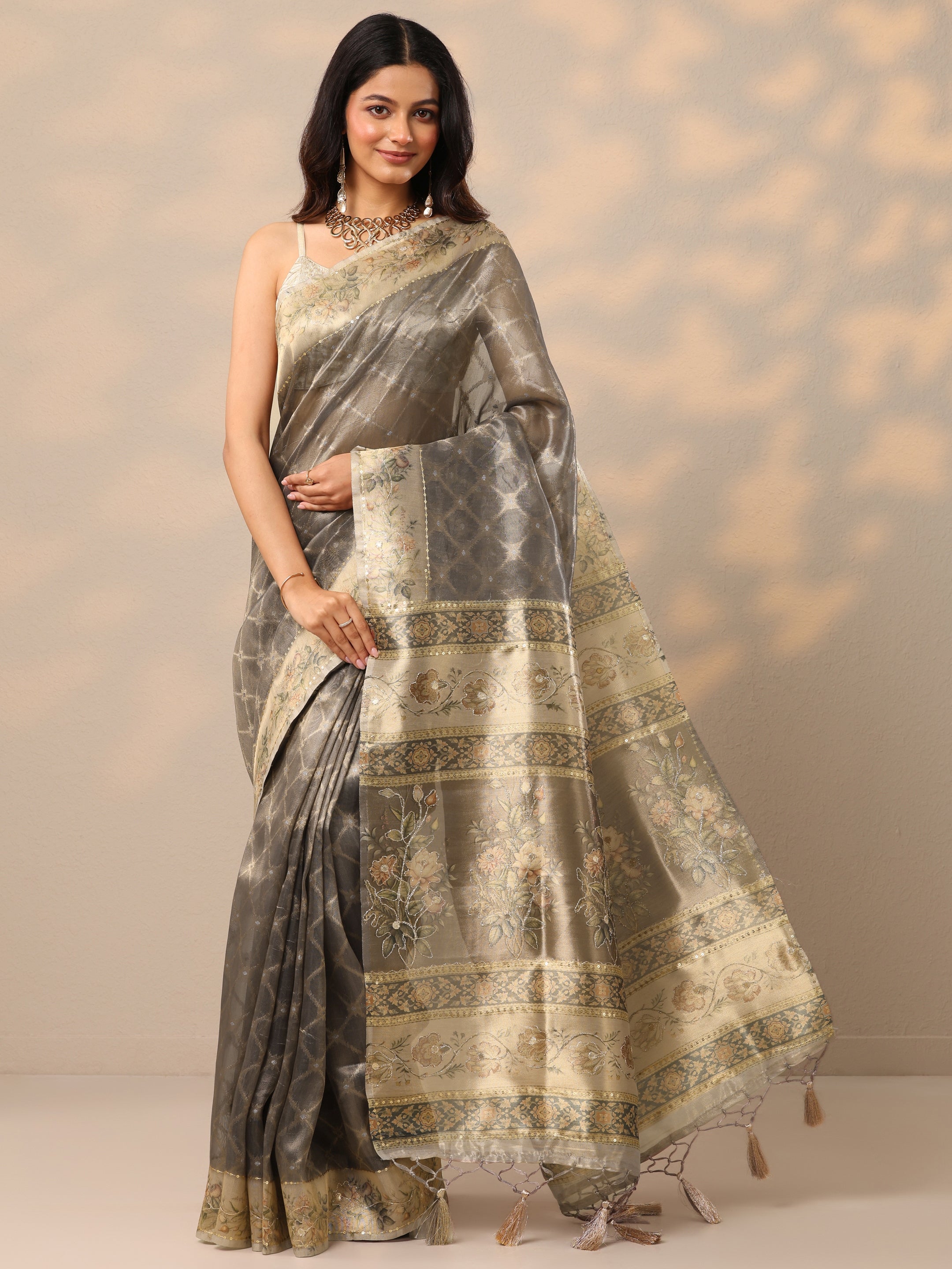 Grey Printed Nylon Sarees With Unstitched Blouse Piece