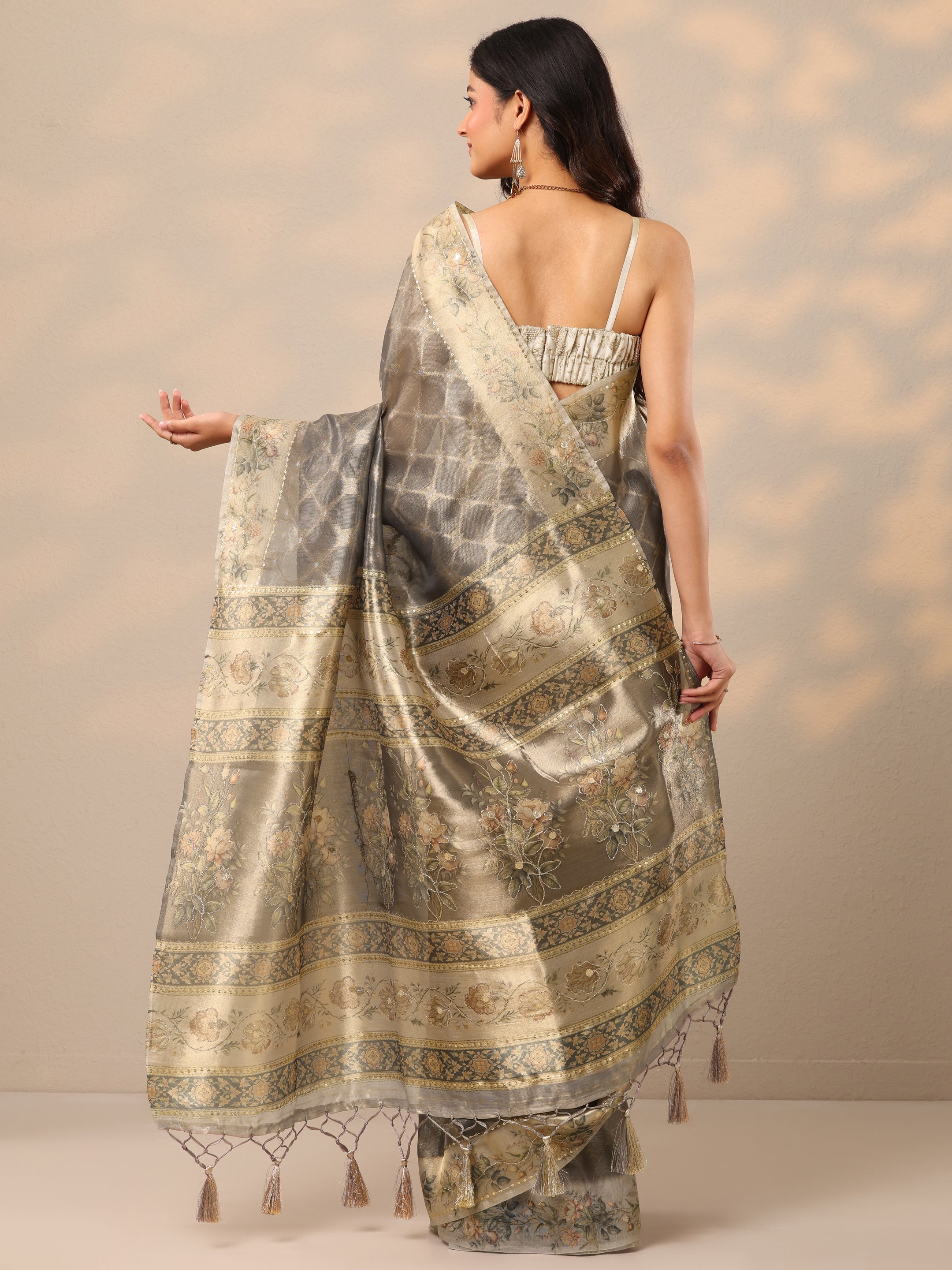 Grey Printed Nylon Sarees With Unstitched Blouse Piece
