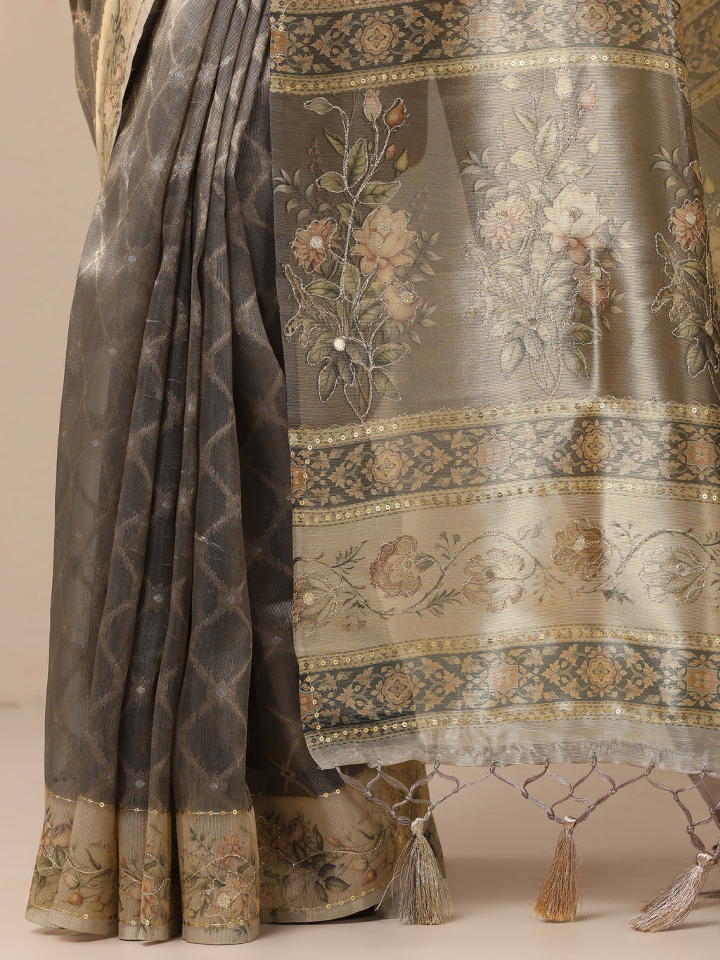 Grey Printed Nylon Sarees With Unstitched Blouse Piece