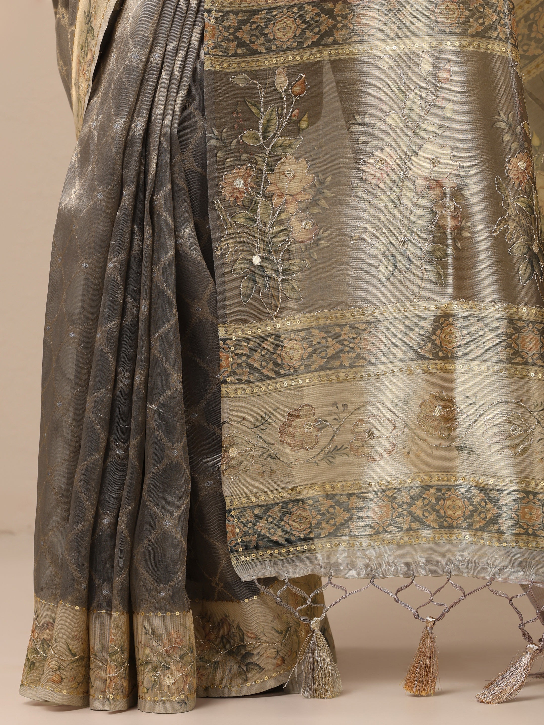 Grey Printed Nylon Sarees With Unstitched Blouse Piece