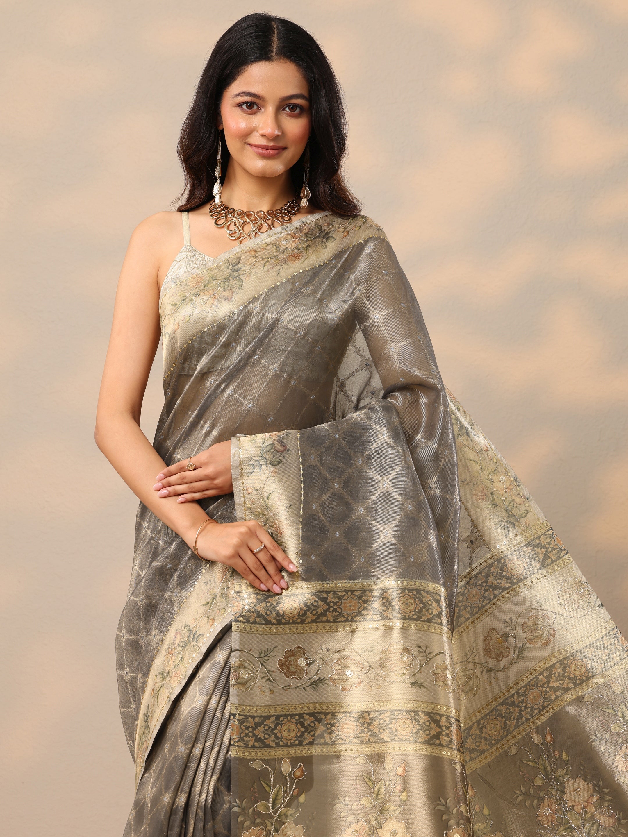 Grey Printed Nylon Sarees With Unstitched Blouse Piece