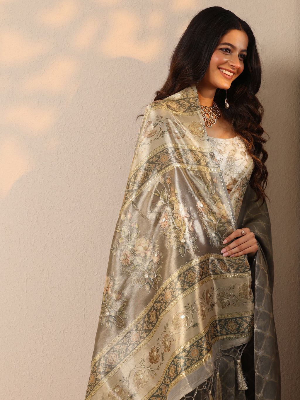 Grey Printed Nylon Sarees With Unstitched Blouse Piece