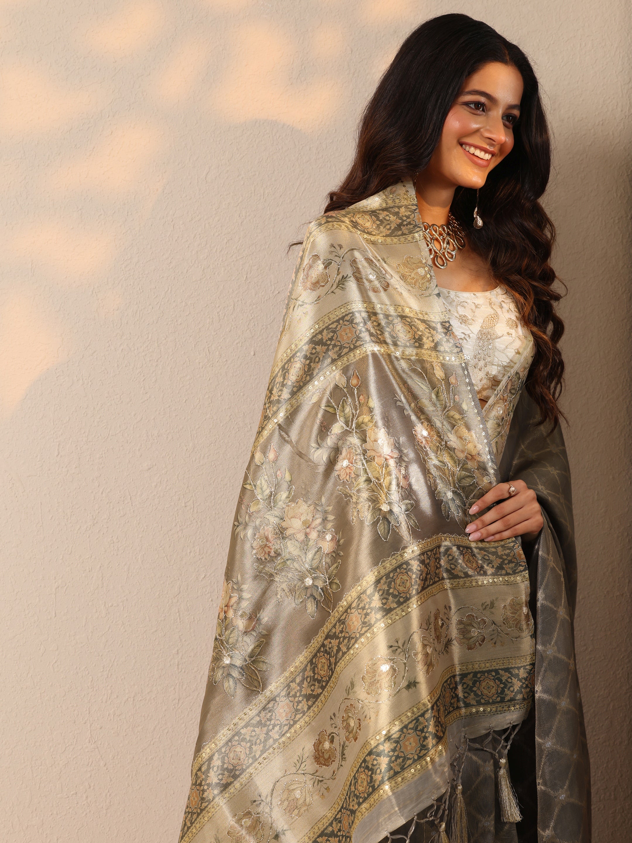 Grey Printed Nylon Sarees With Unstitched Blouse Piece