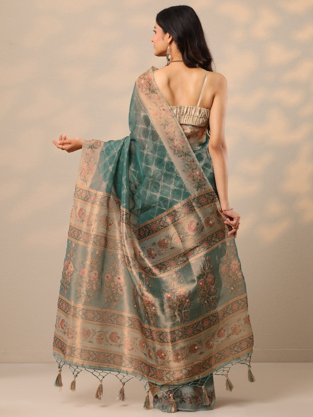 Green Printed Nylon Sarees With Unstitched Blouse Piece