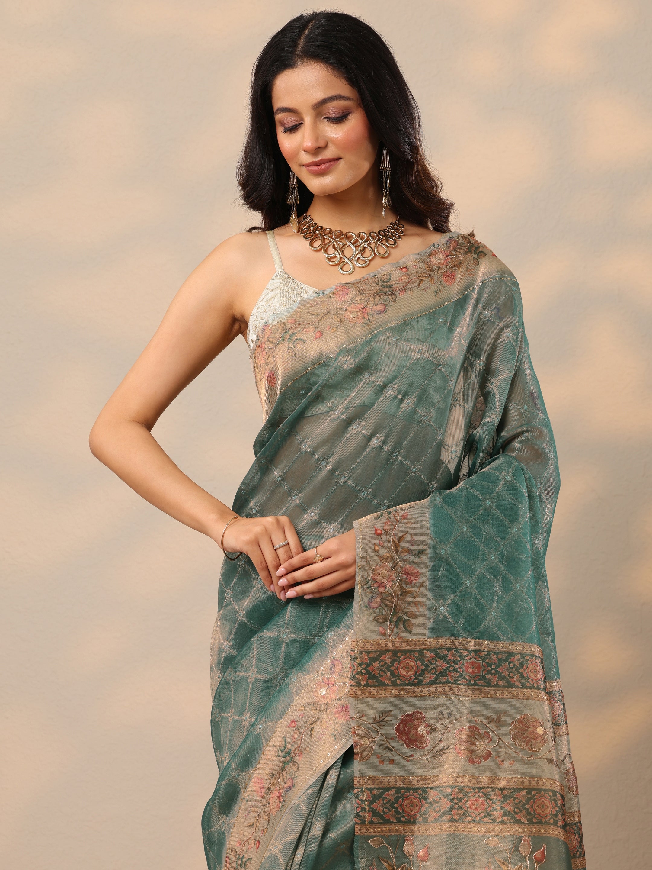 Green Printed Nylon Sarees With Unstitched Blouse Piece