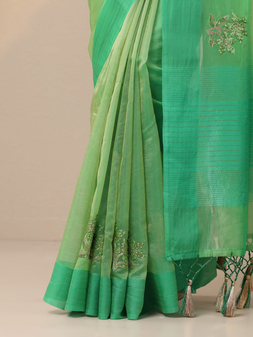 Green Embellished Organza Sarees With Unstitched Blouse Piece