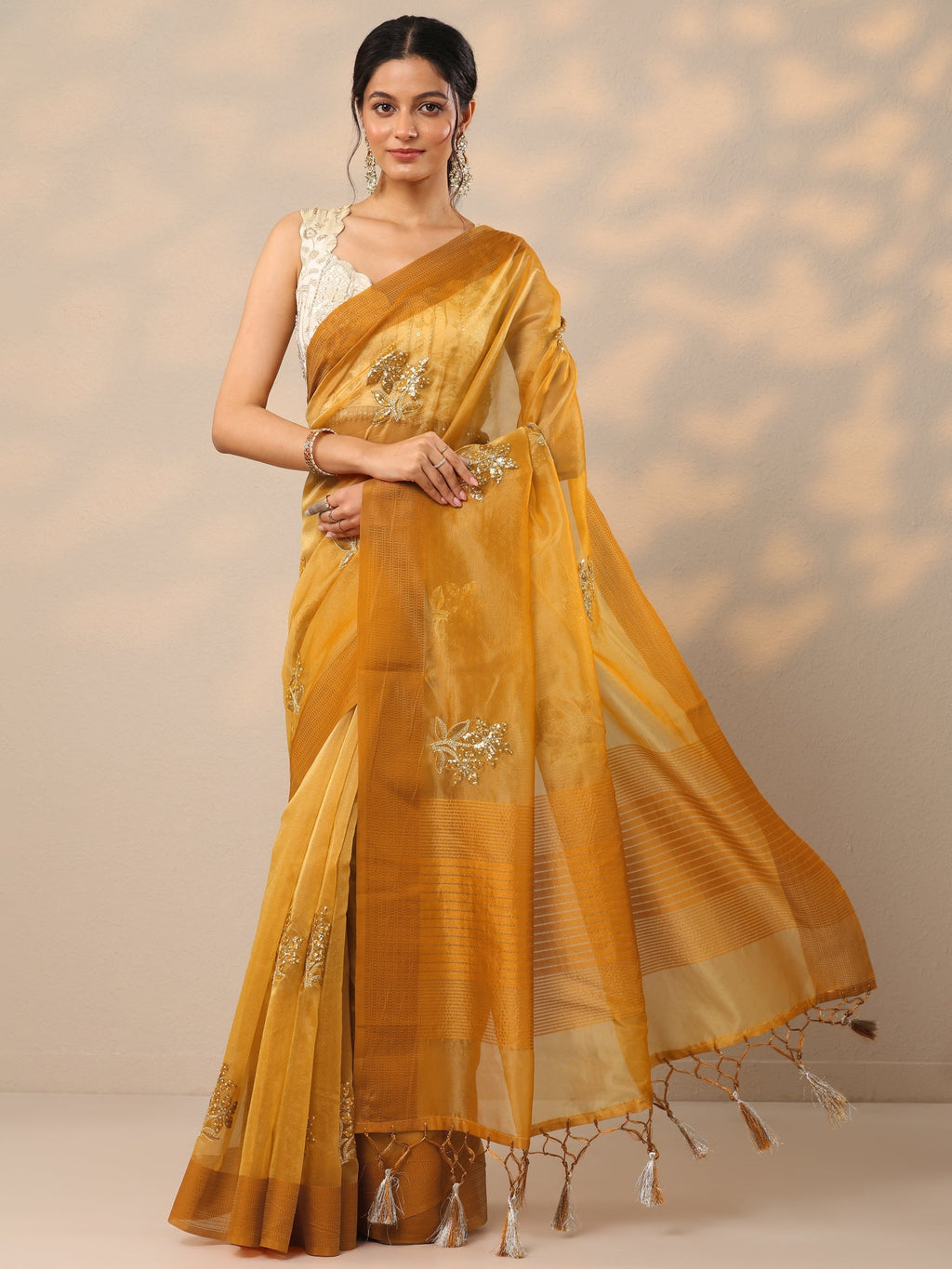 Mustard Embellished Organza Sarees With Unstitched Blouse Piece