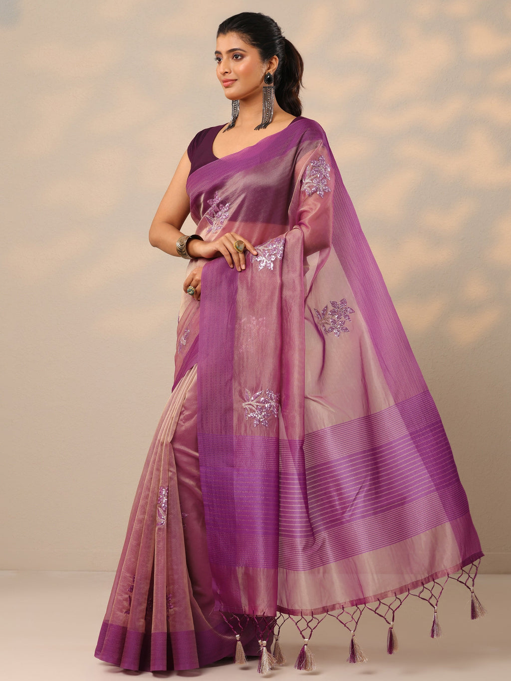 Mauve Embroidered Organza Saree With Unstitched Blouse Piece