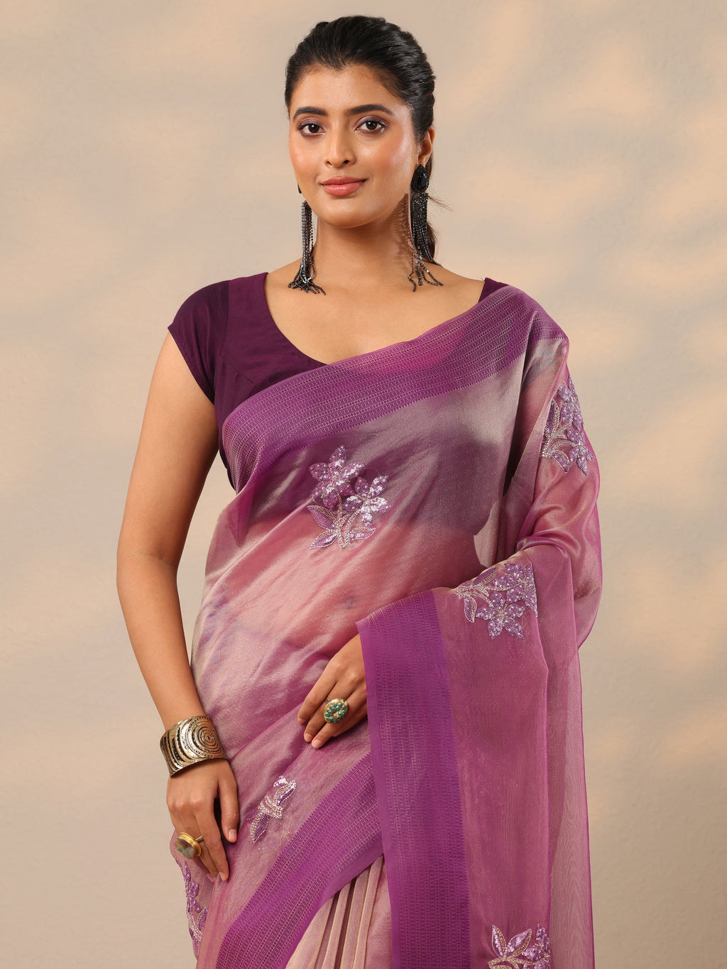 Mauve Embroidered Organza Saree With Unstitched Blouse Piece