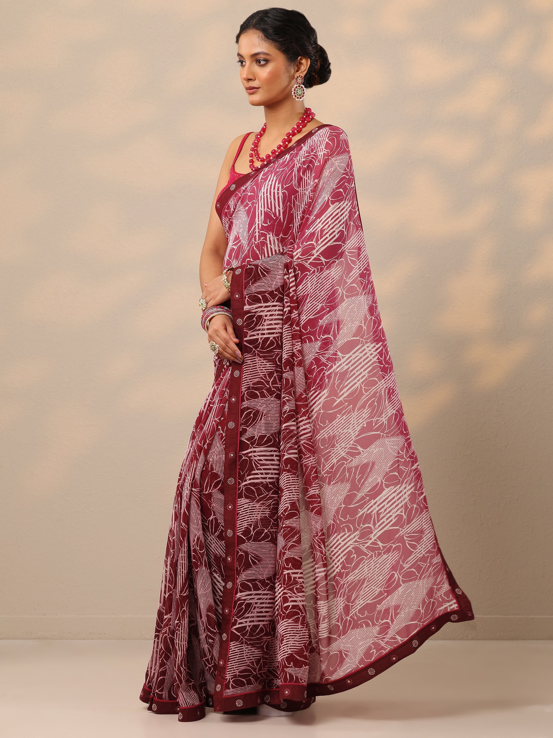 Maroon Printed Georgette Saree With Unstitched Blouse Piece